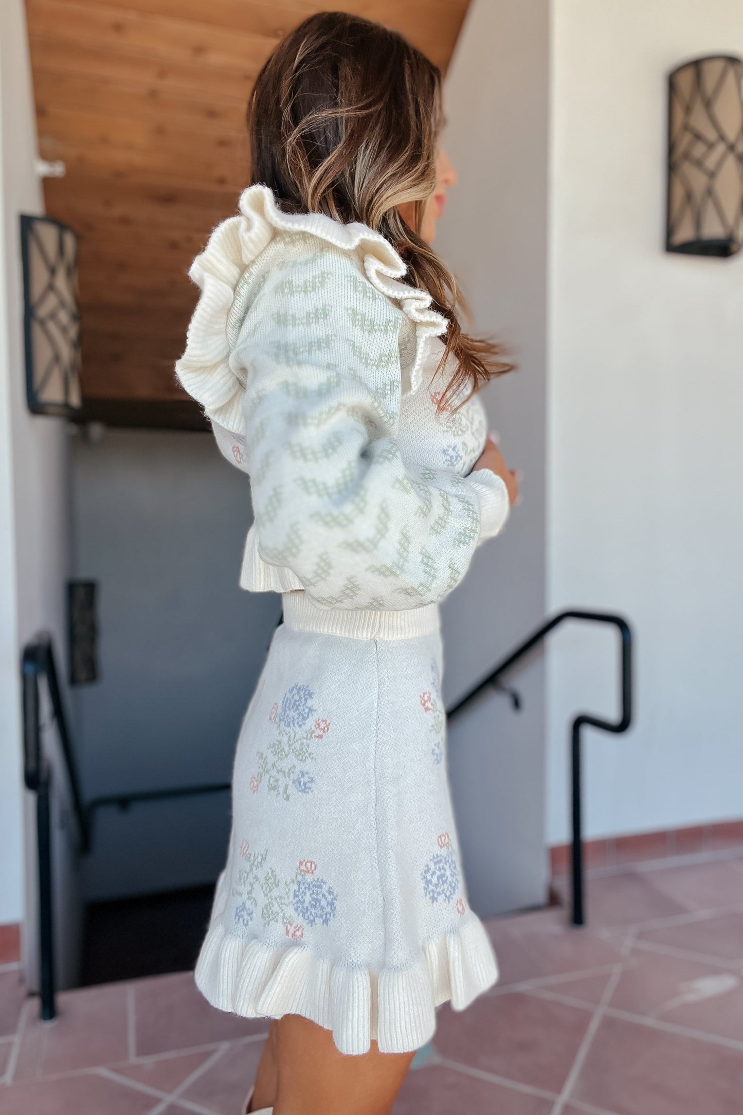 Claire Pastel Floral Ruffle Sweater Skirt Set