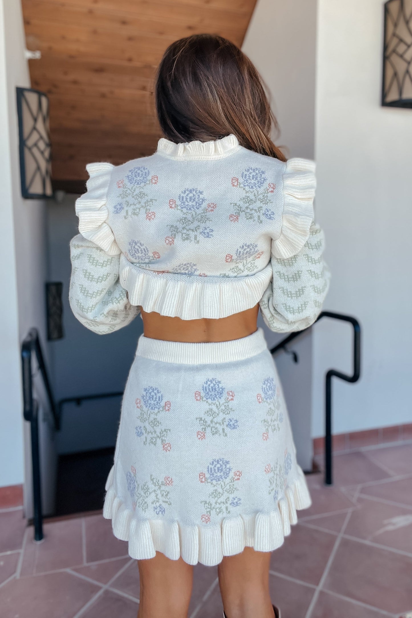 Claire Pastel Floral Ruffle Sweater Skirt Set