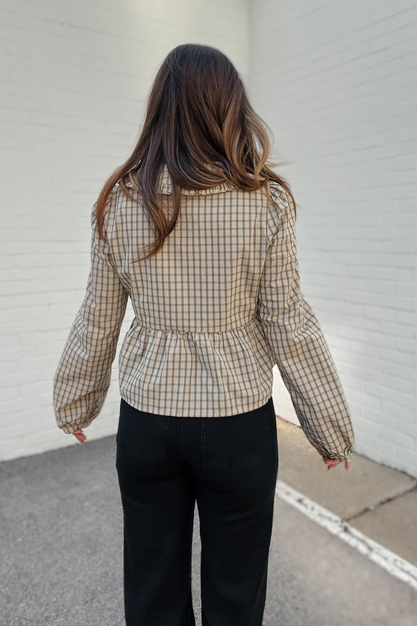 Ashley Khahi Bow Tie Plaid Long Sleeve Top