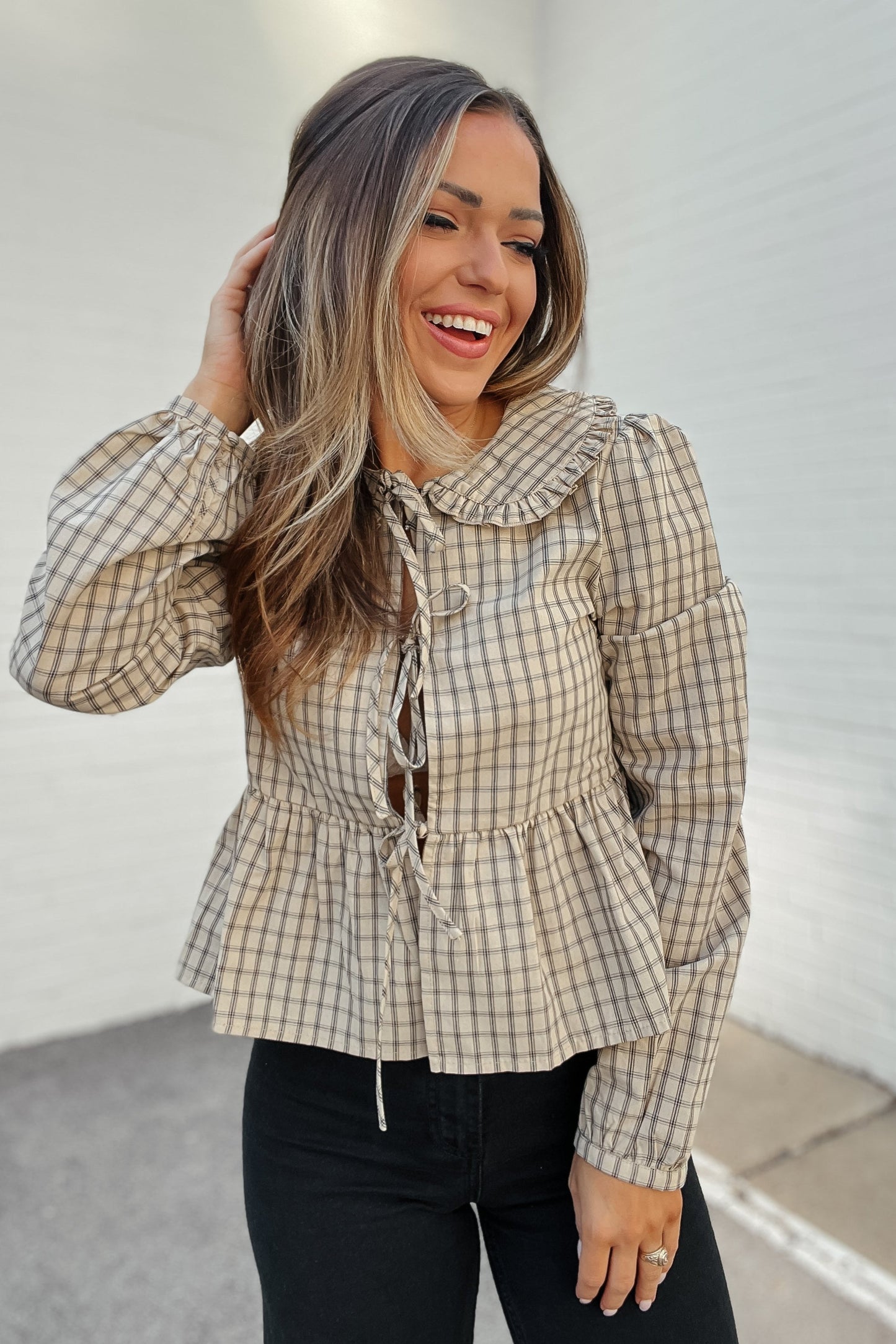 Ashley Khahi Bow Tie Plaid Long Sleeve Top