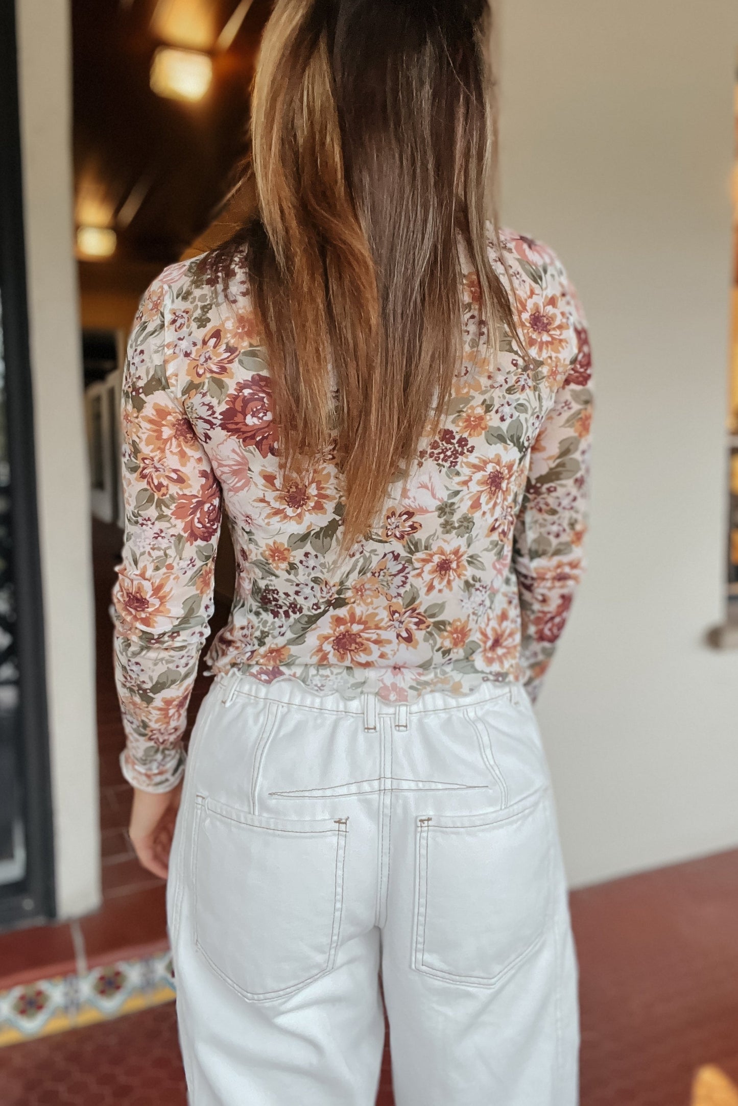 Kai Fall Floral Bow-Tie Mesh Long Sleeve Top