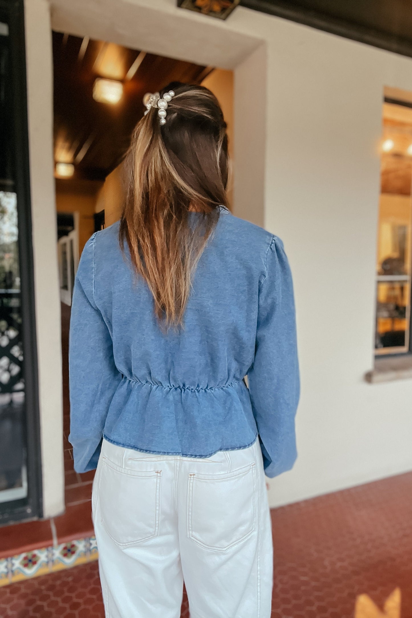 Jessica Denin Peplum Bow Tie Long Sleeve Top