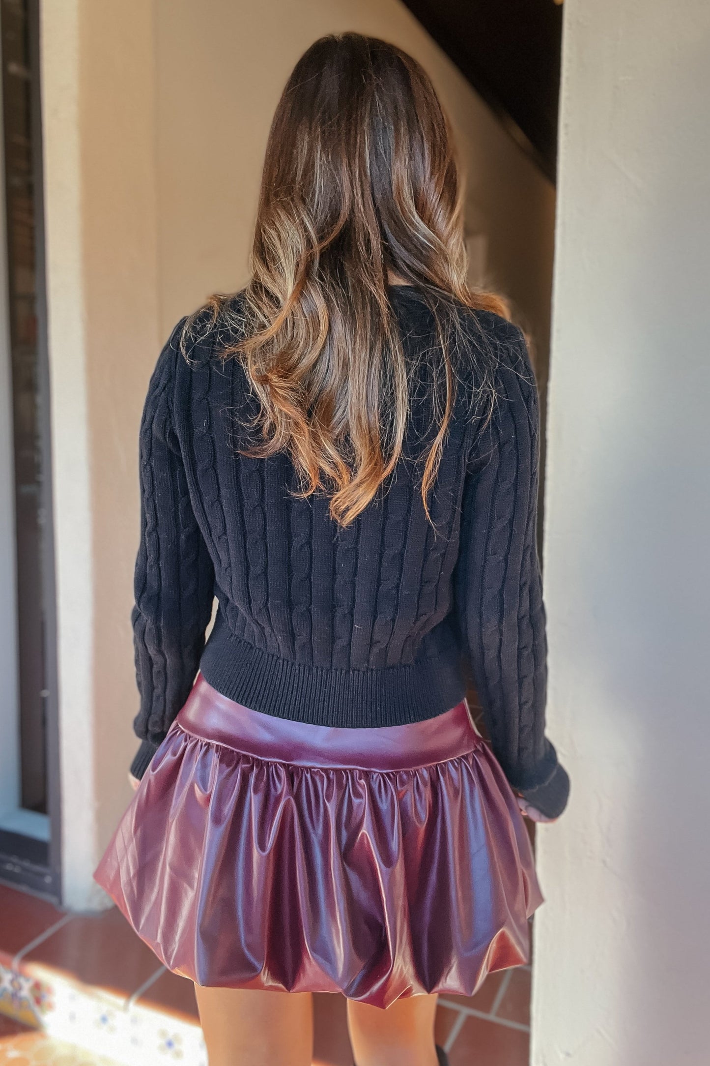 Honey Maroon Faux Leather Bubble Skirt