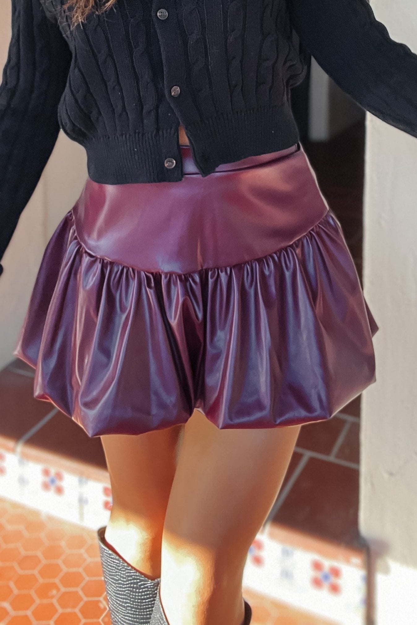 Honey Maroon Faux Leather Bubble Skirt