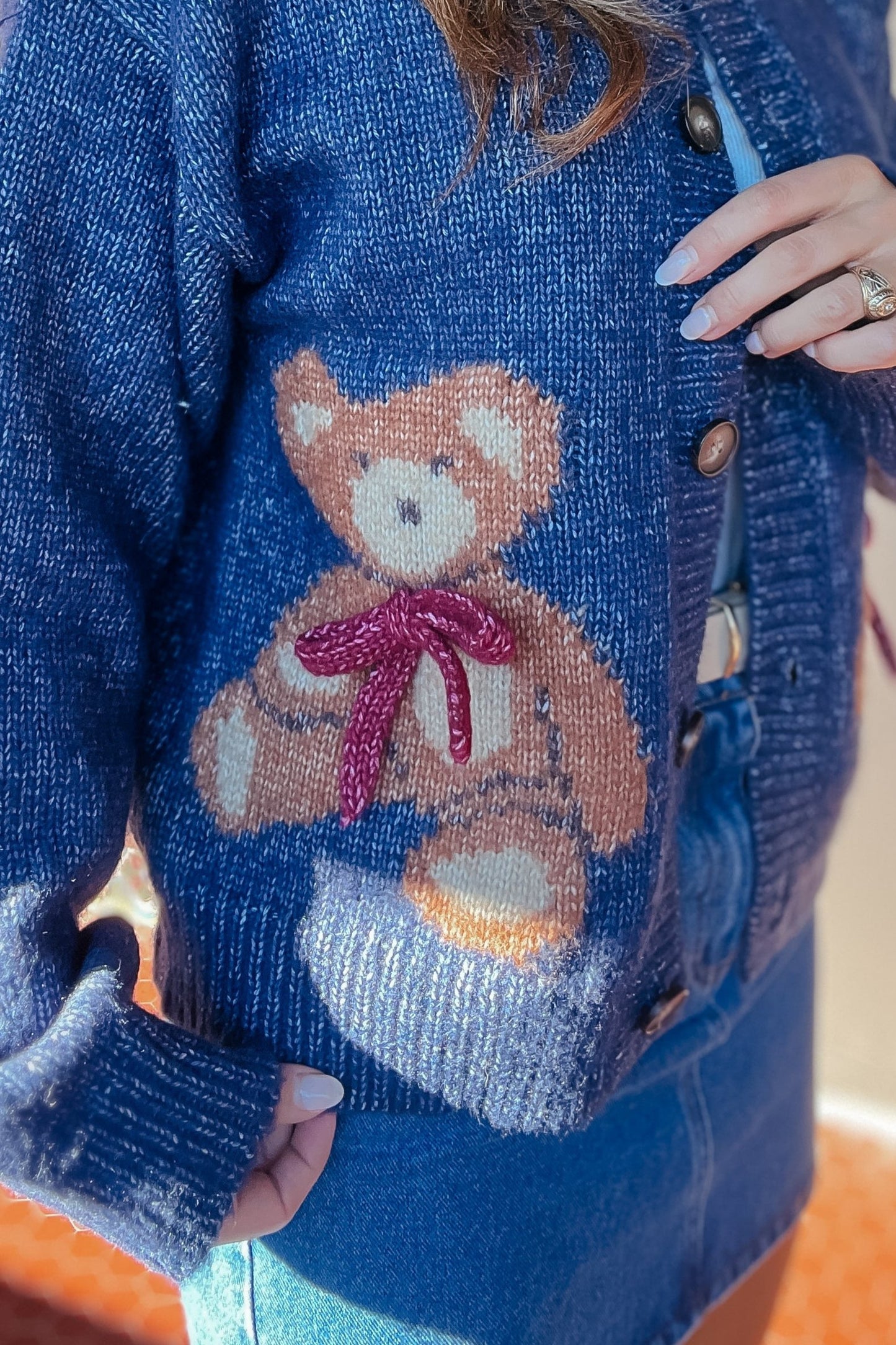 Stephanie Navy Teddy Bow Button Down Cardigan Sweater