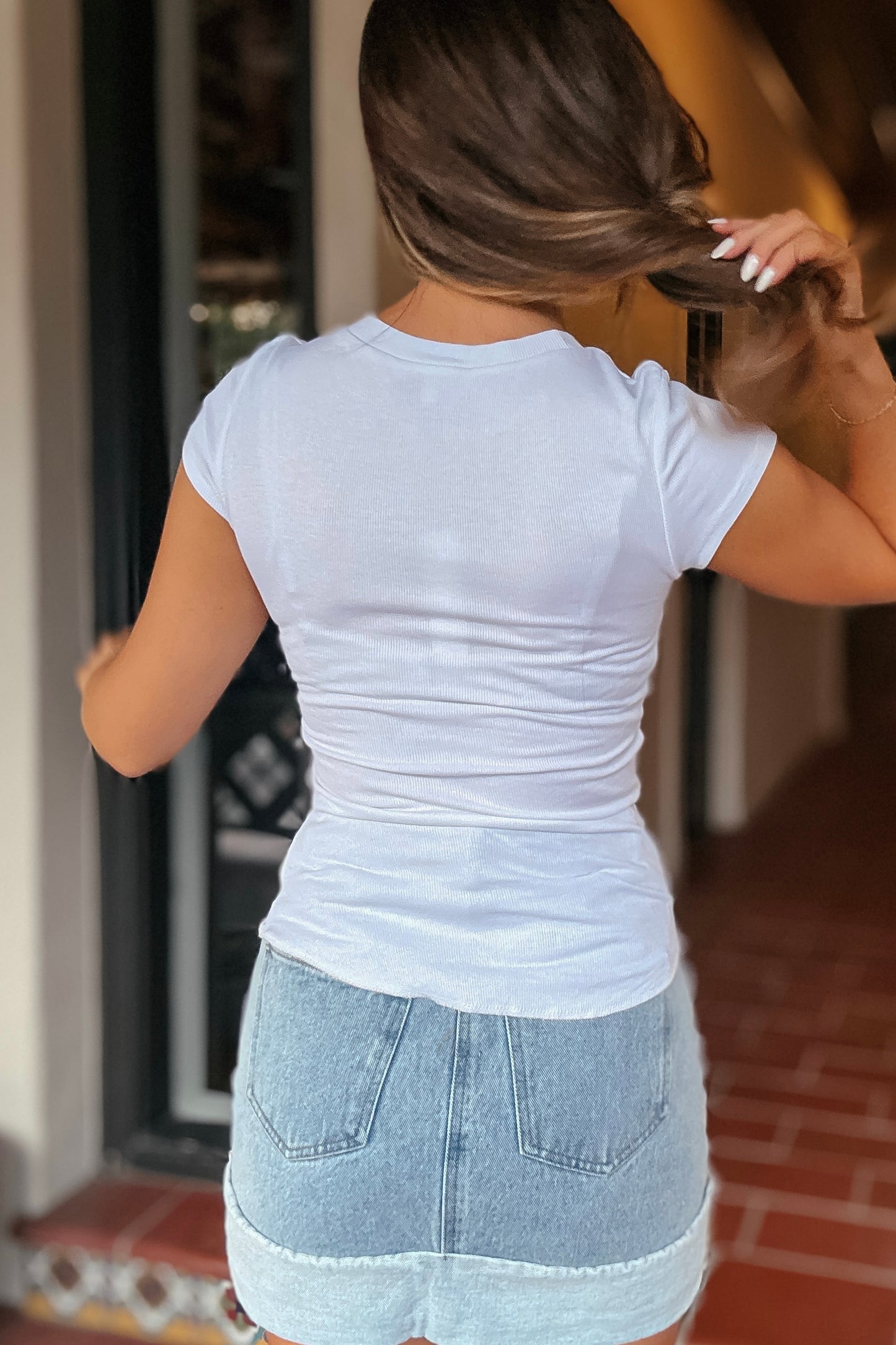 Kristen White Ribbed Fitted Tee