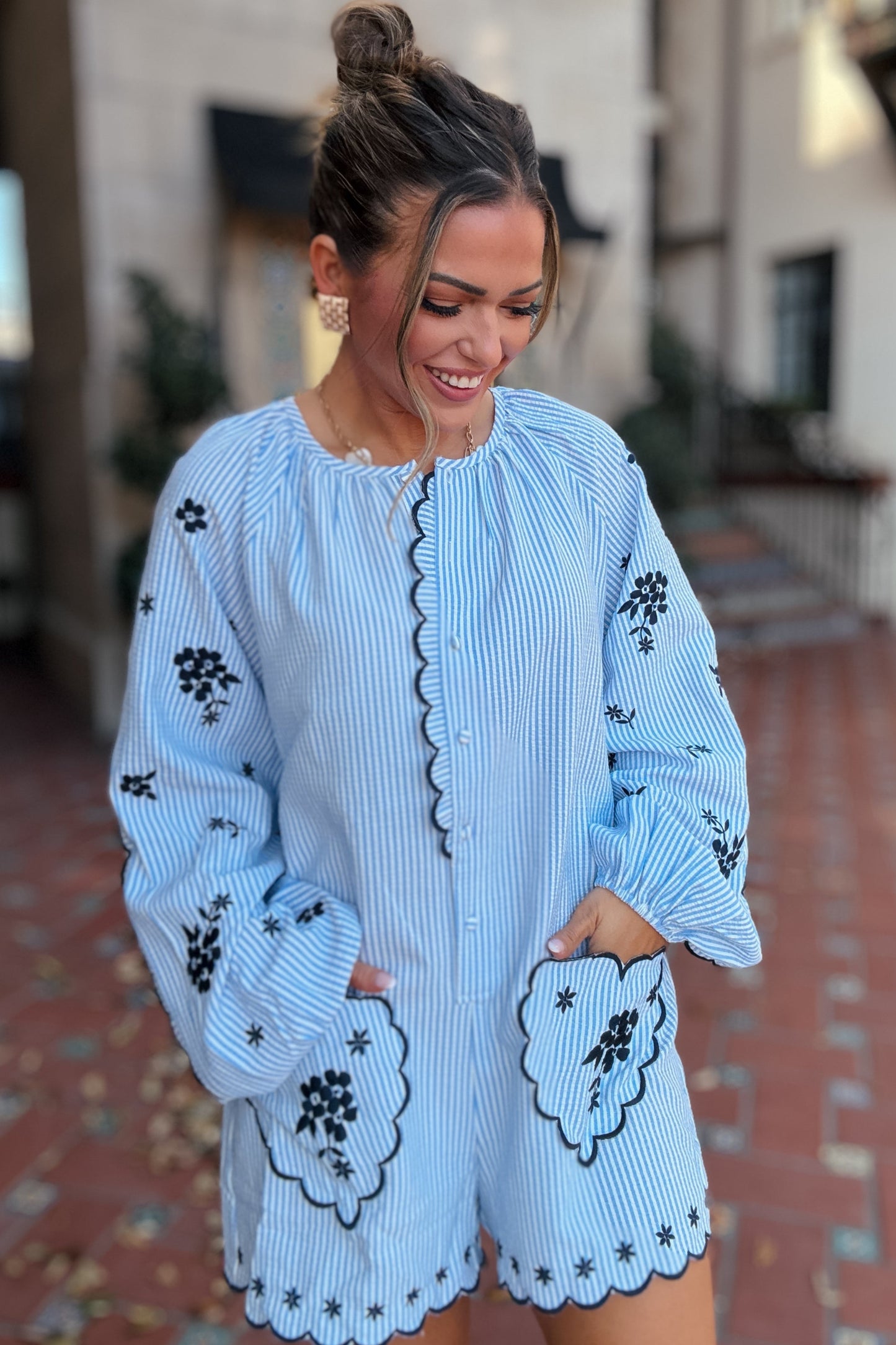 Ronnie Blue Seersucker Heart Embroidered Romper