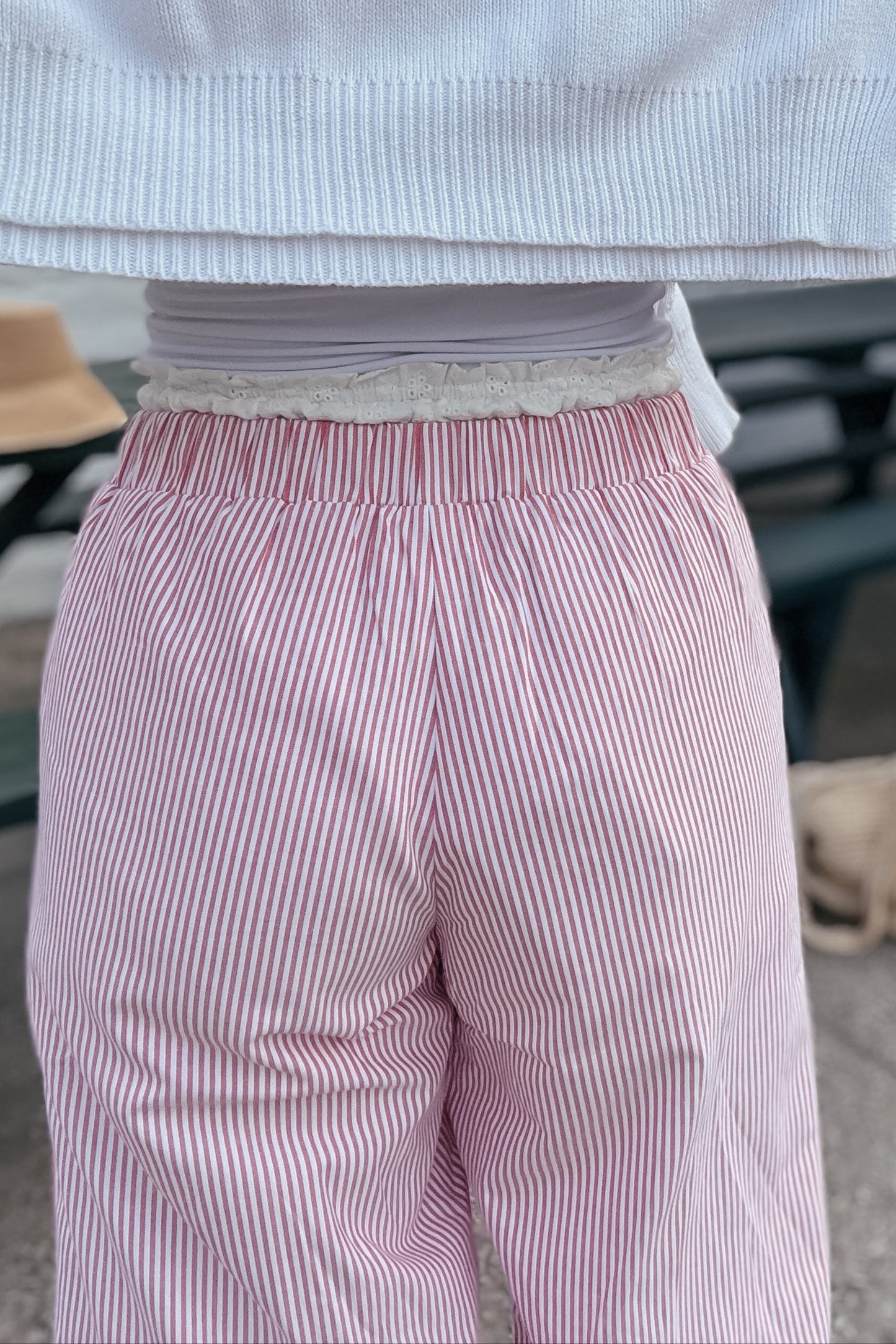 Hamptons Red and White Pin Strip Lace Trim Elastic Pants