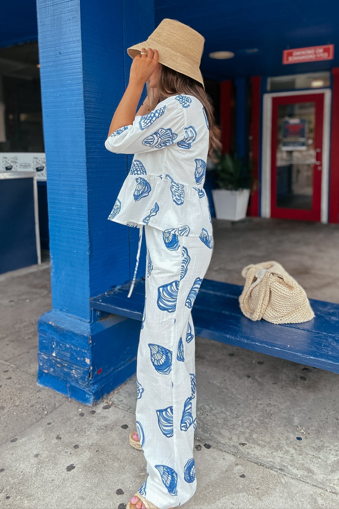 Sam Blue and White Shell Linen Bow-Tie Top