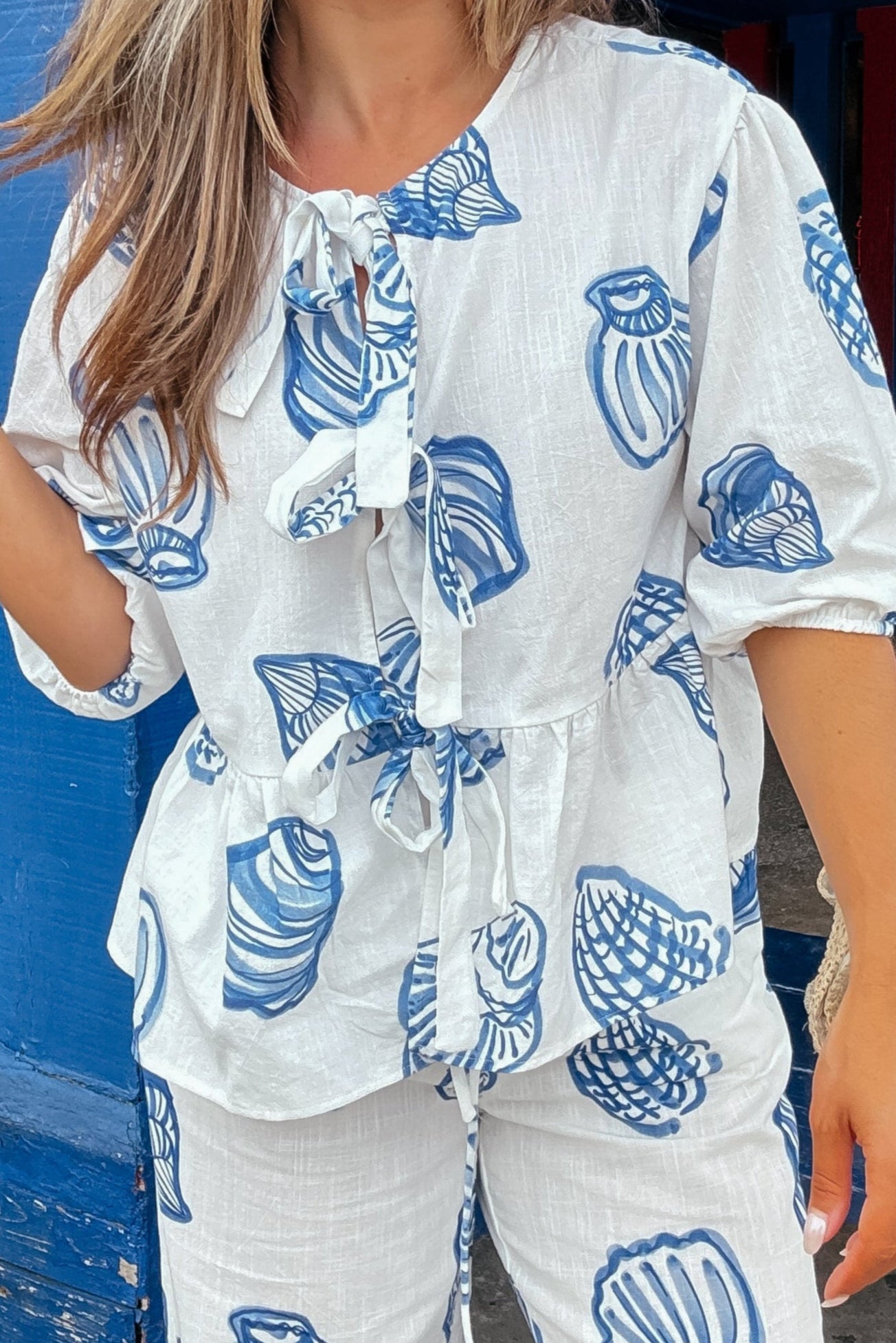 Sam Blue and White Shell Linen Bow-Tie Top