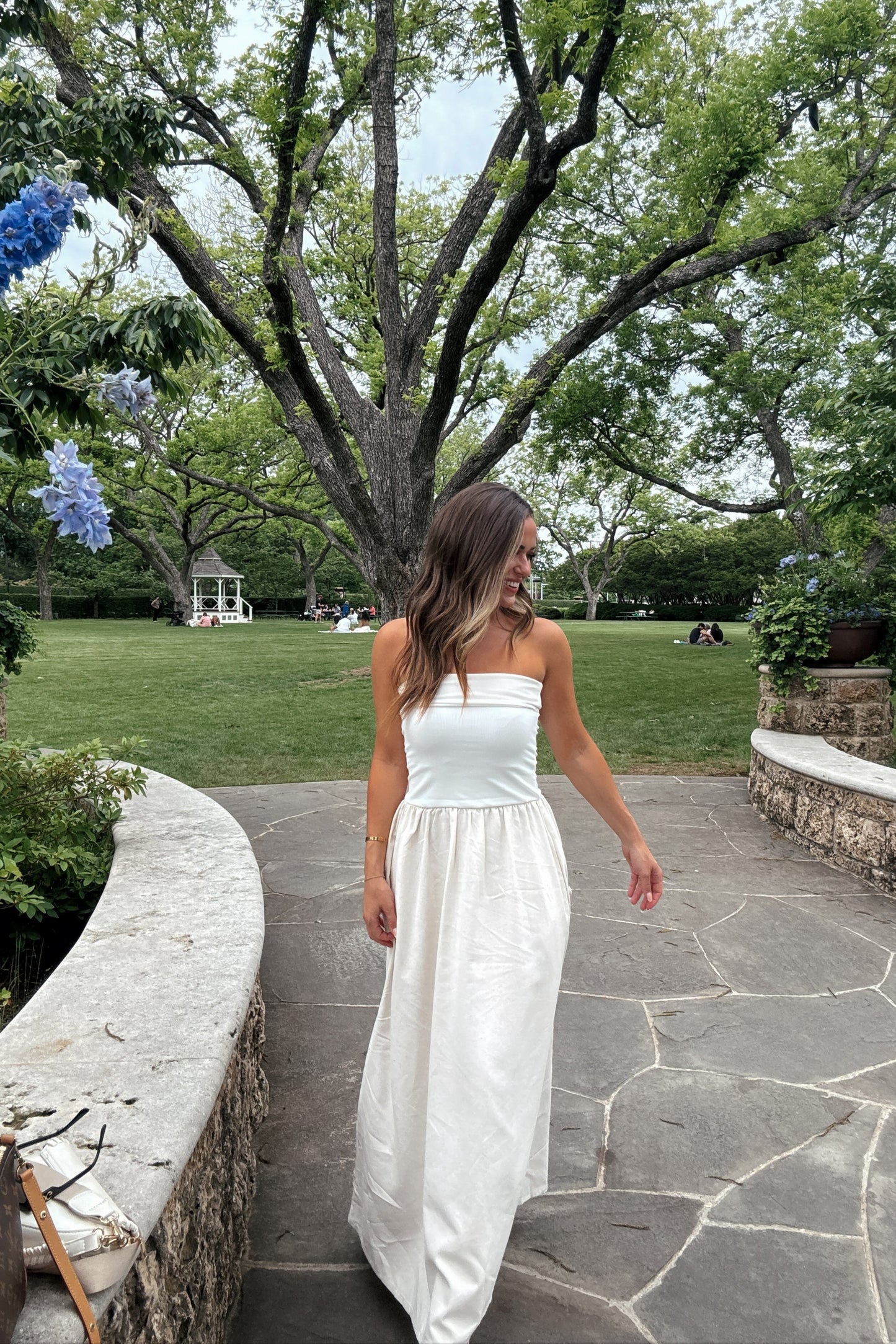 Blake Strapless Drop Waist Knit and Linen Maxi Dress