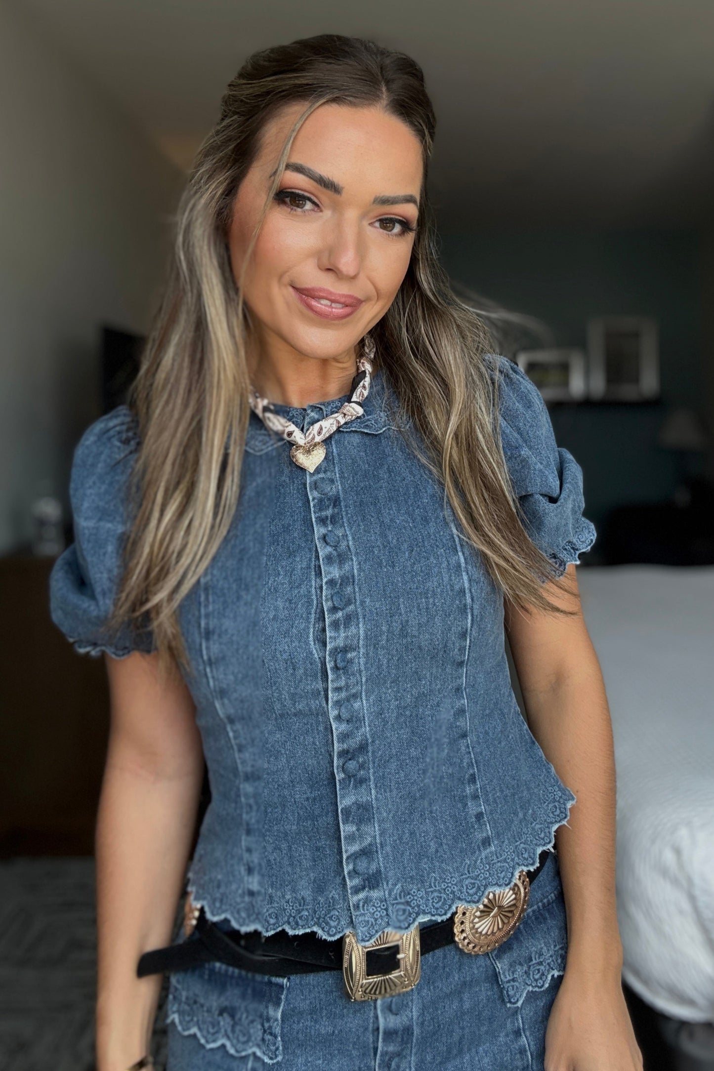 Crew Denim Puff Sleeve Button-Down Top