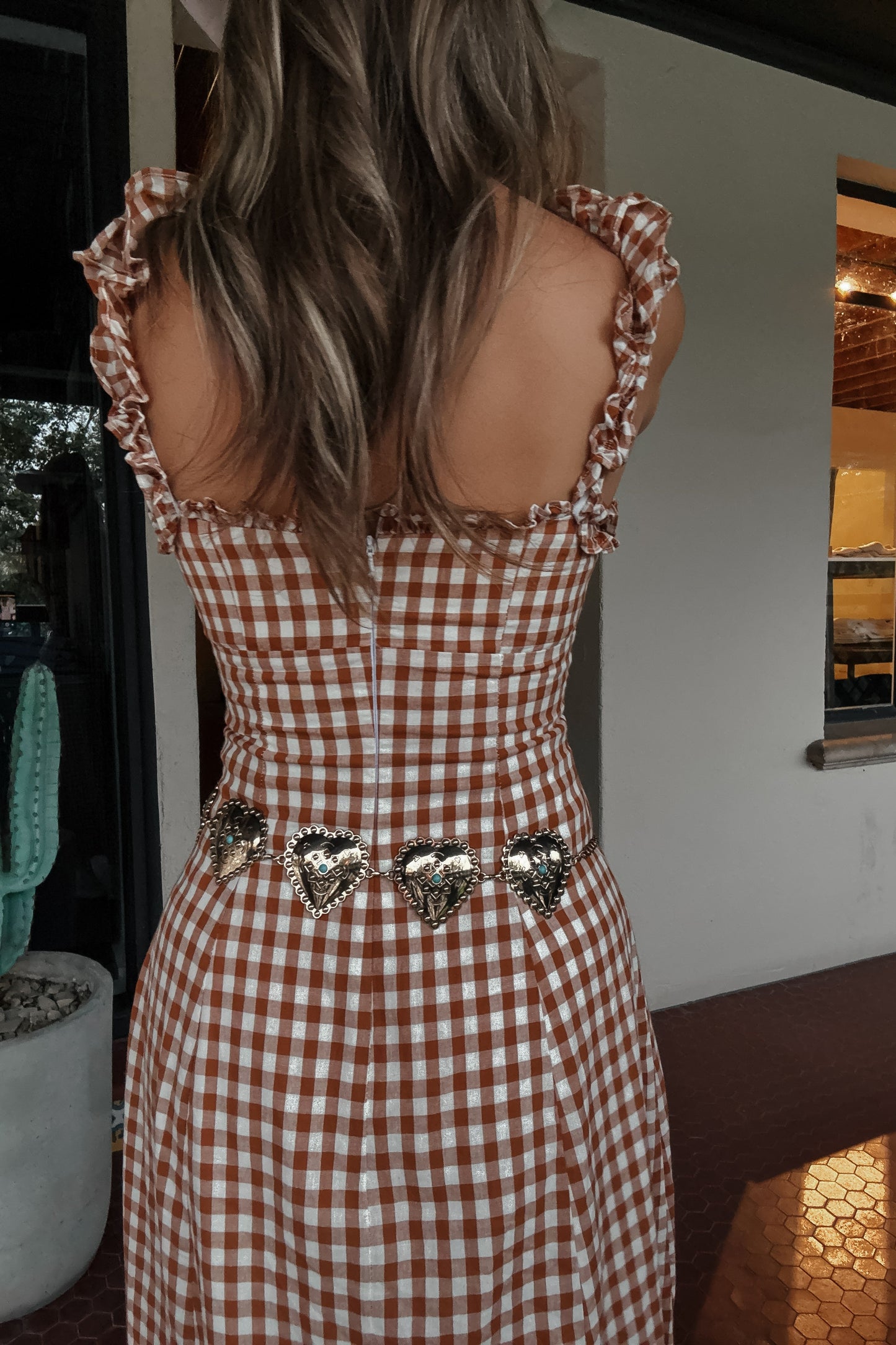 Hayes Tan Brown Plaid Maxi Dress