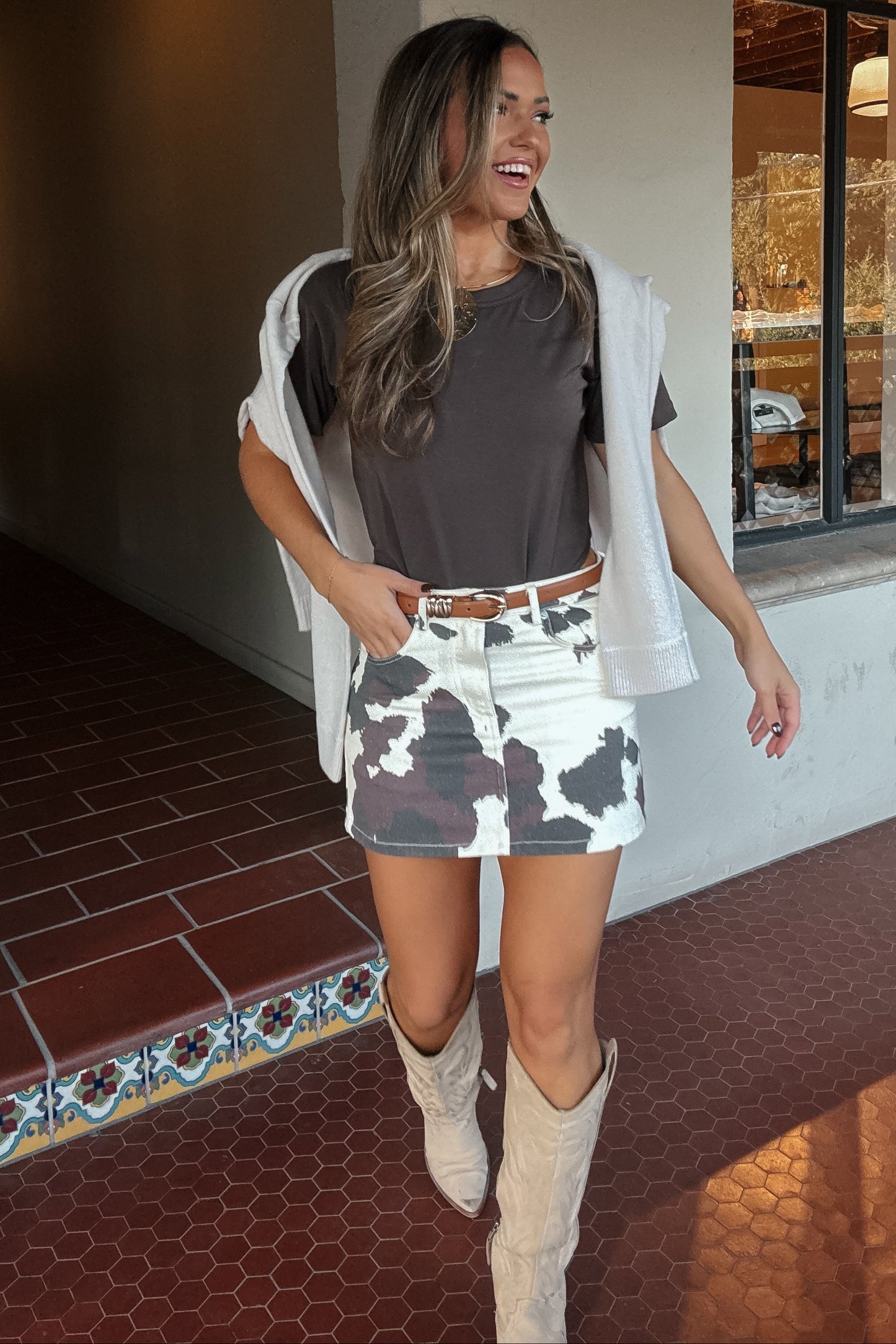 Anna Cowhide Denim Mini Skirt