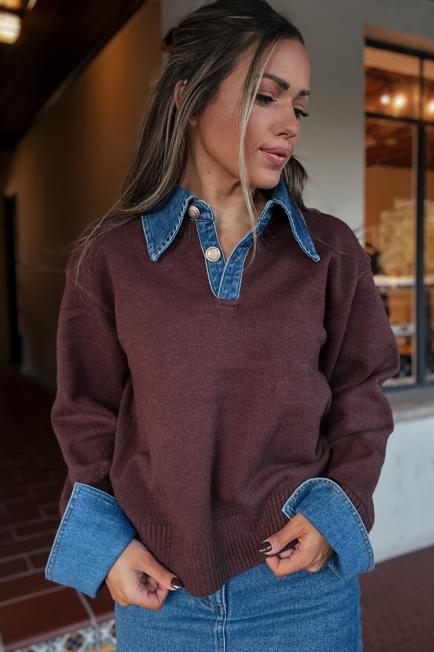 Lauren Chocolate Brown Denim Contrast Sweater