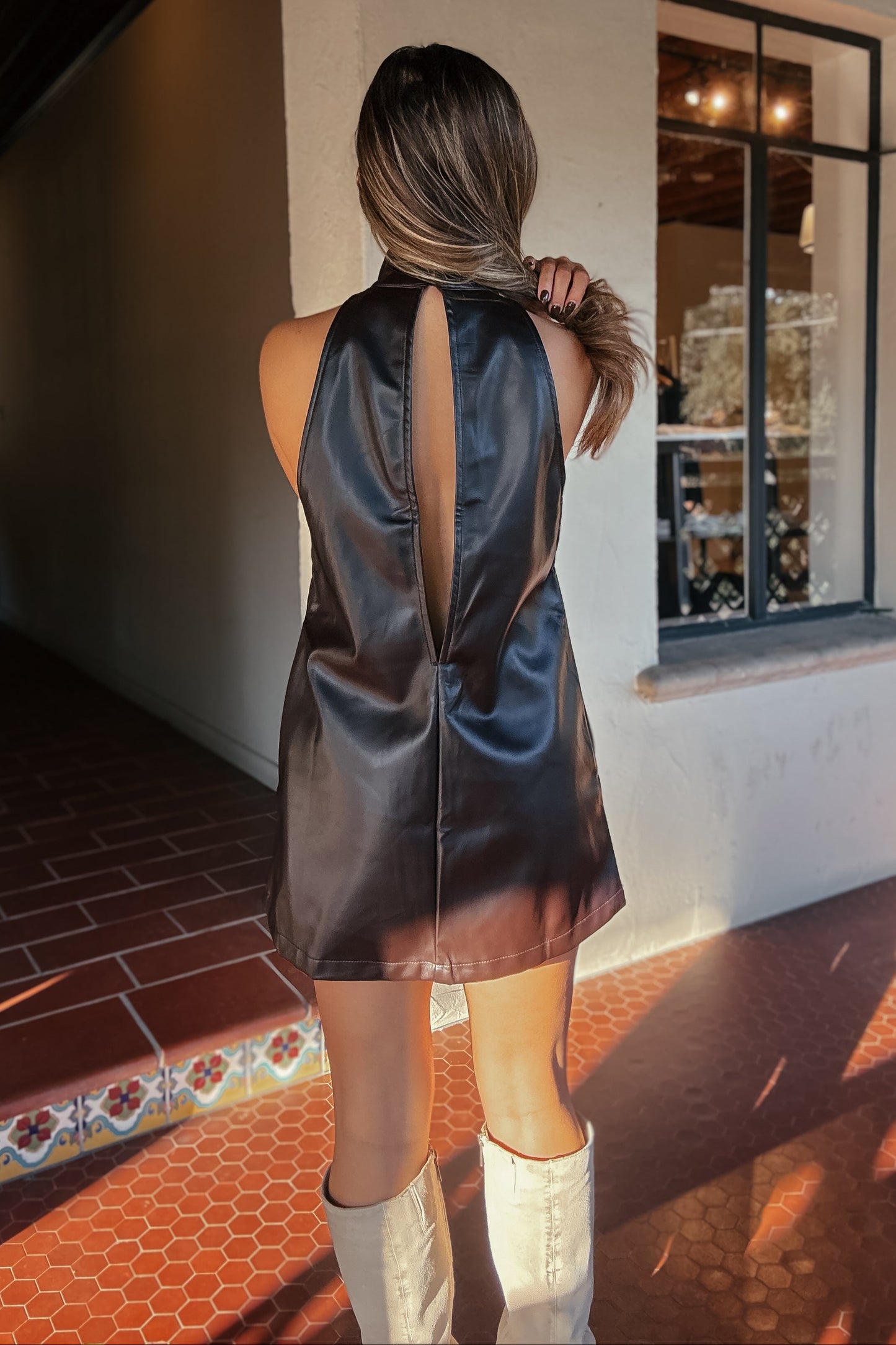 Sloane Chocolate Brown Faux Leather Halter Mini Dress