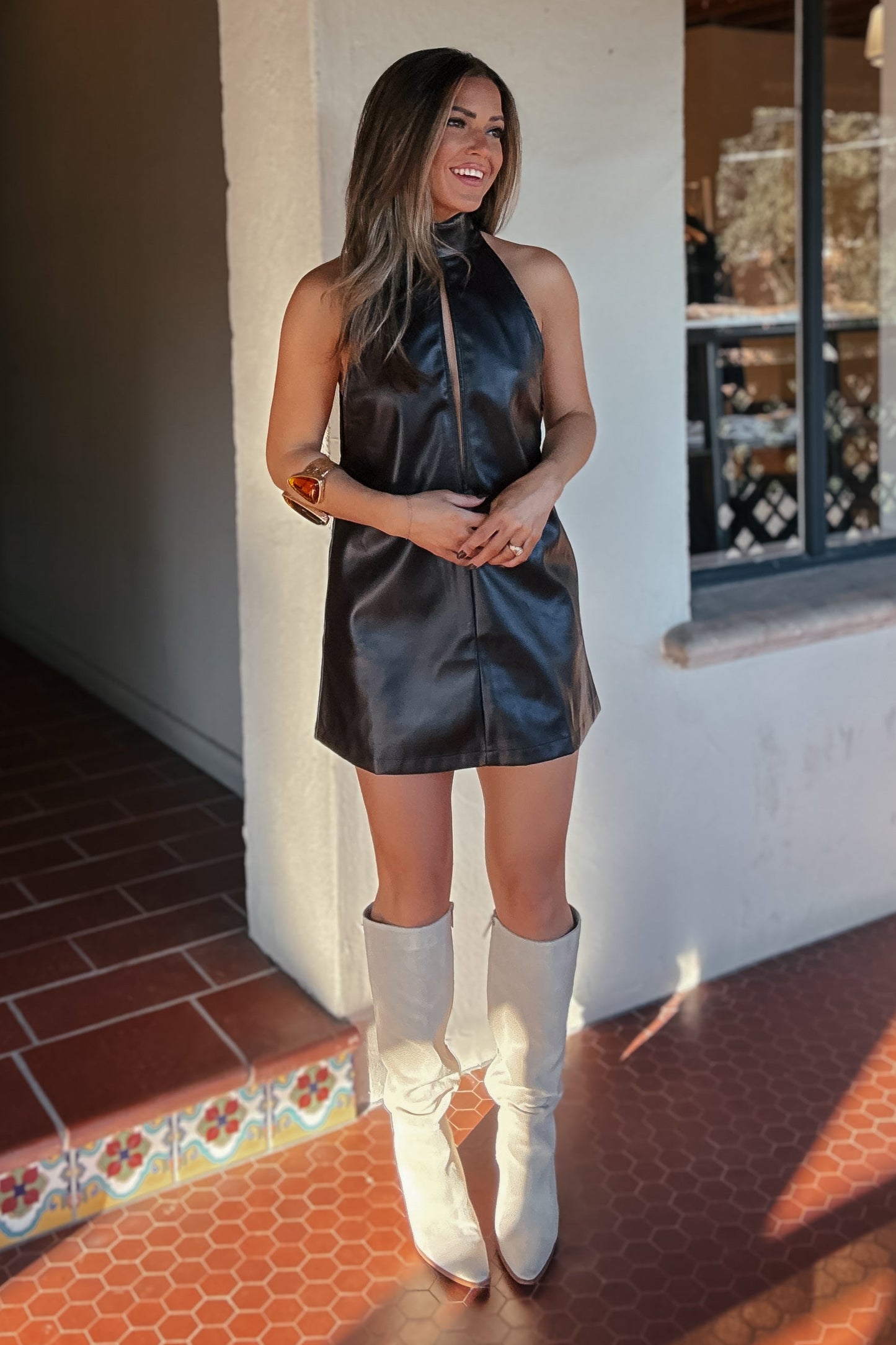 Sloane Chocolate Brown Faux Leather Halter Mini Dress