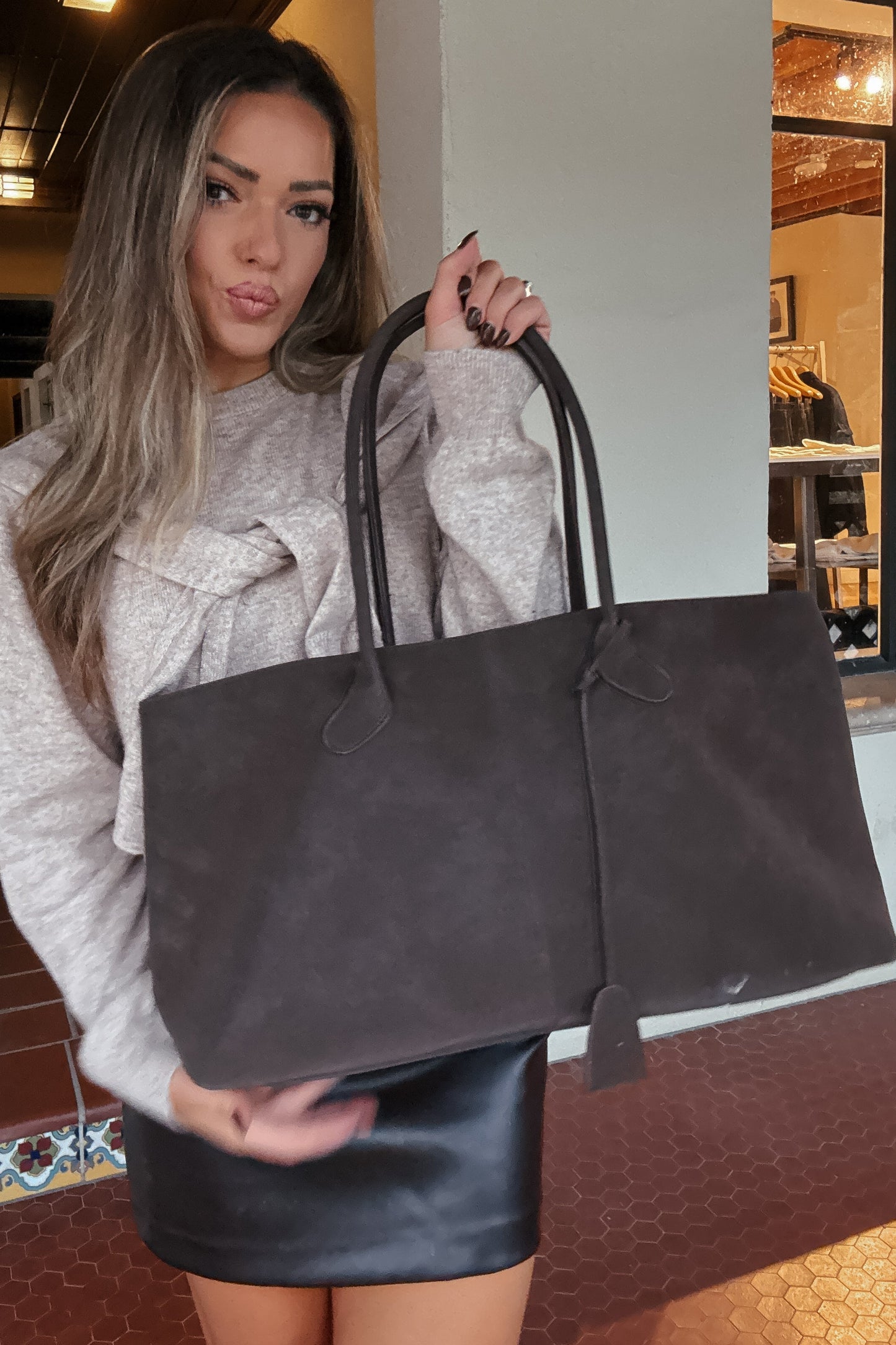 Kira Chocolate Brown Suede Tote Bag