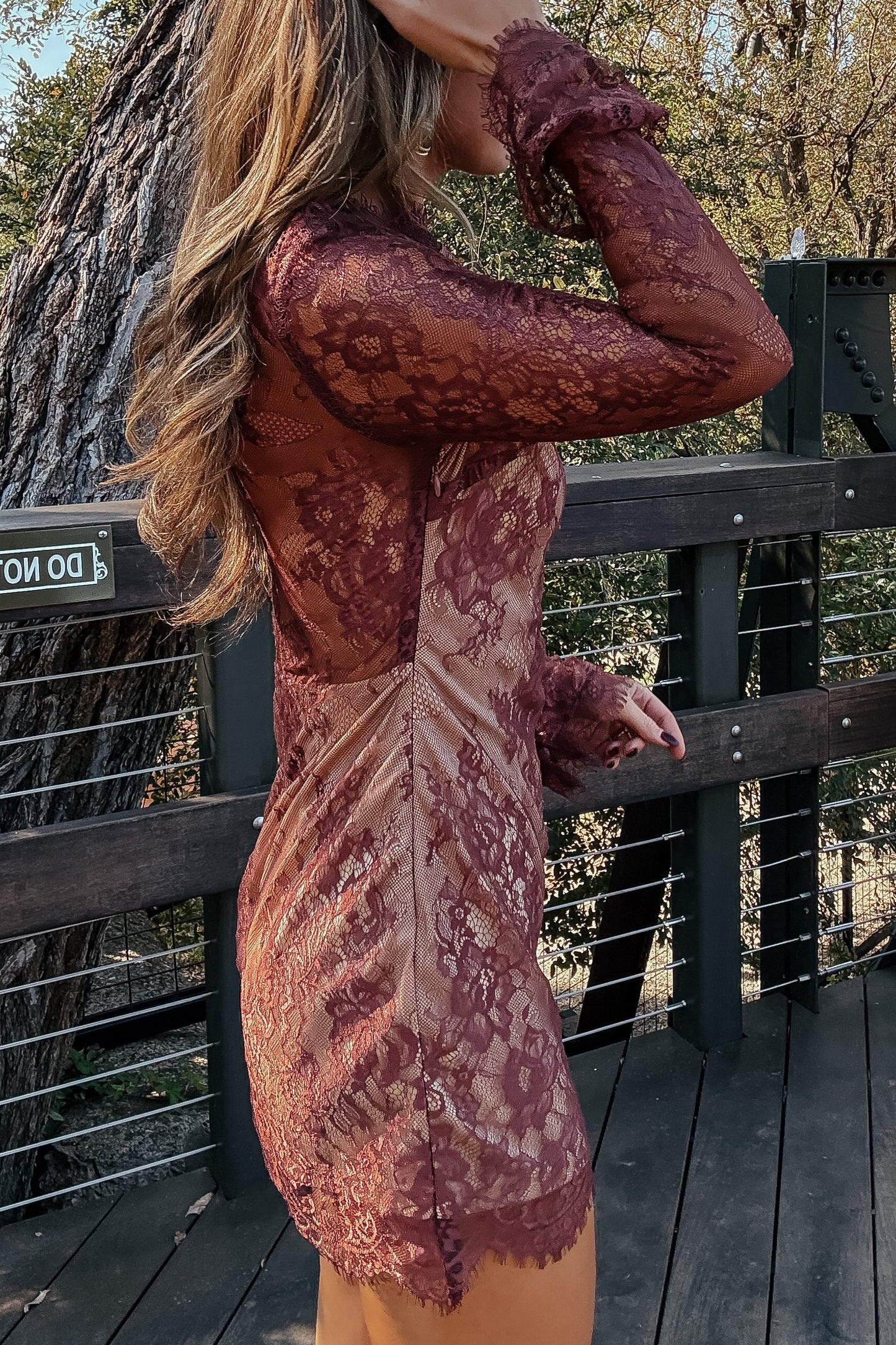 Baxley Chocolate Brown Long Sleeve Lace Mini Dress