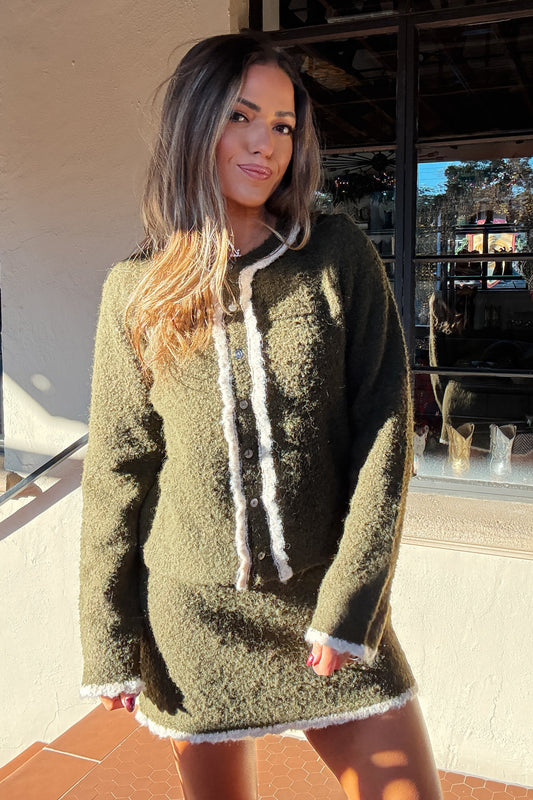 Reed Olive Button Down Sweater Skirt Set