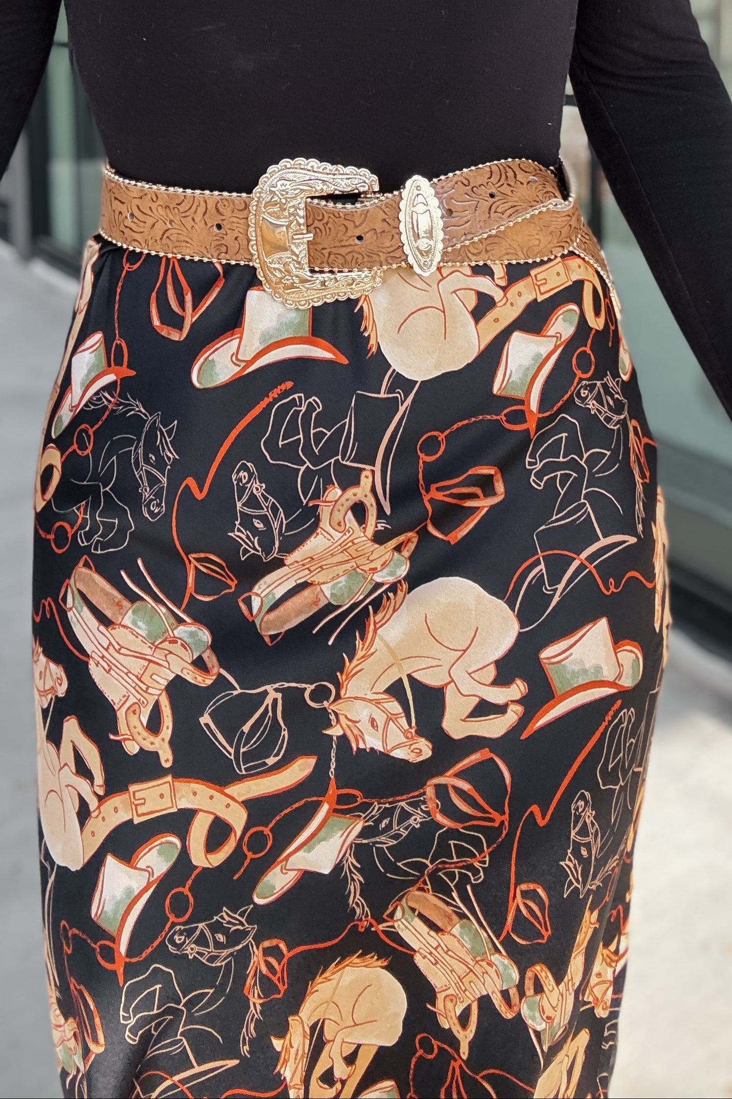Lainey Western Print Black Satin Maxi Skirt