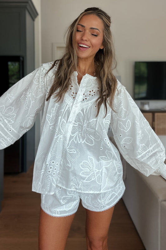 Elodie White Eyelet Button Down Blouse