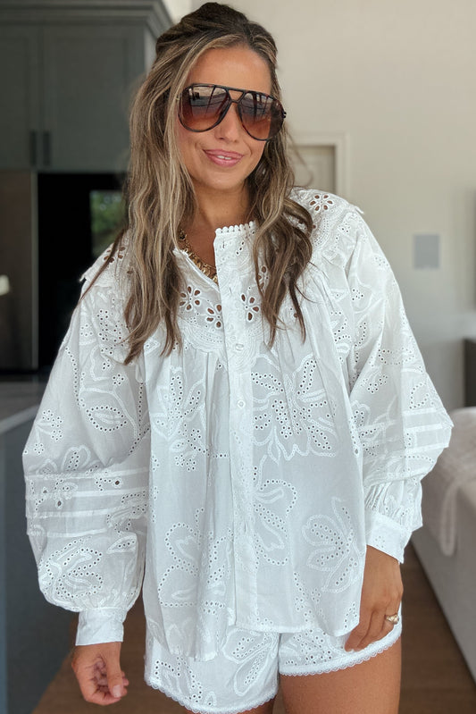 Elodie White Eyelet Button Down Blouse