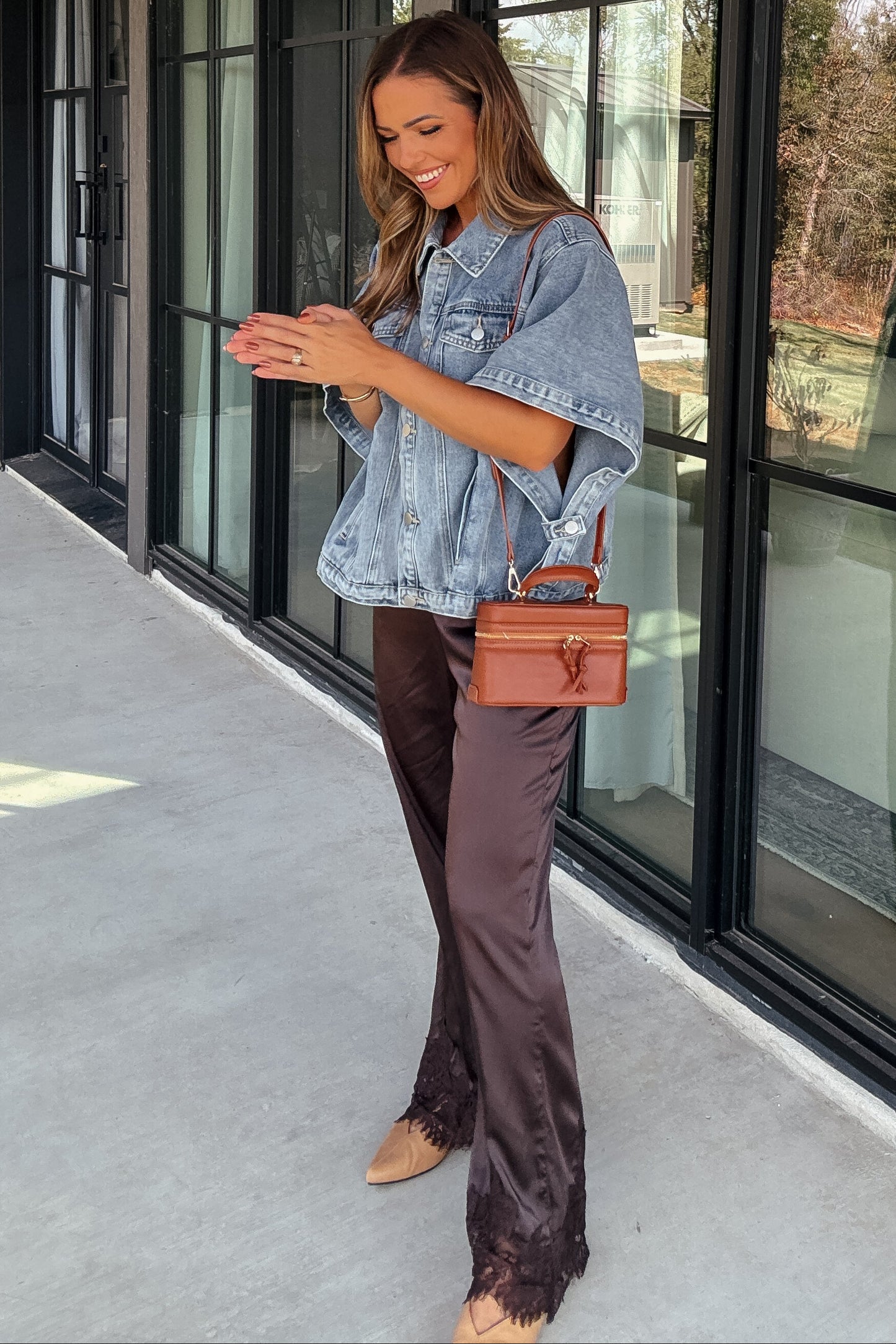 Callen Brown Satin Lace-Trim Pants