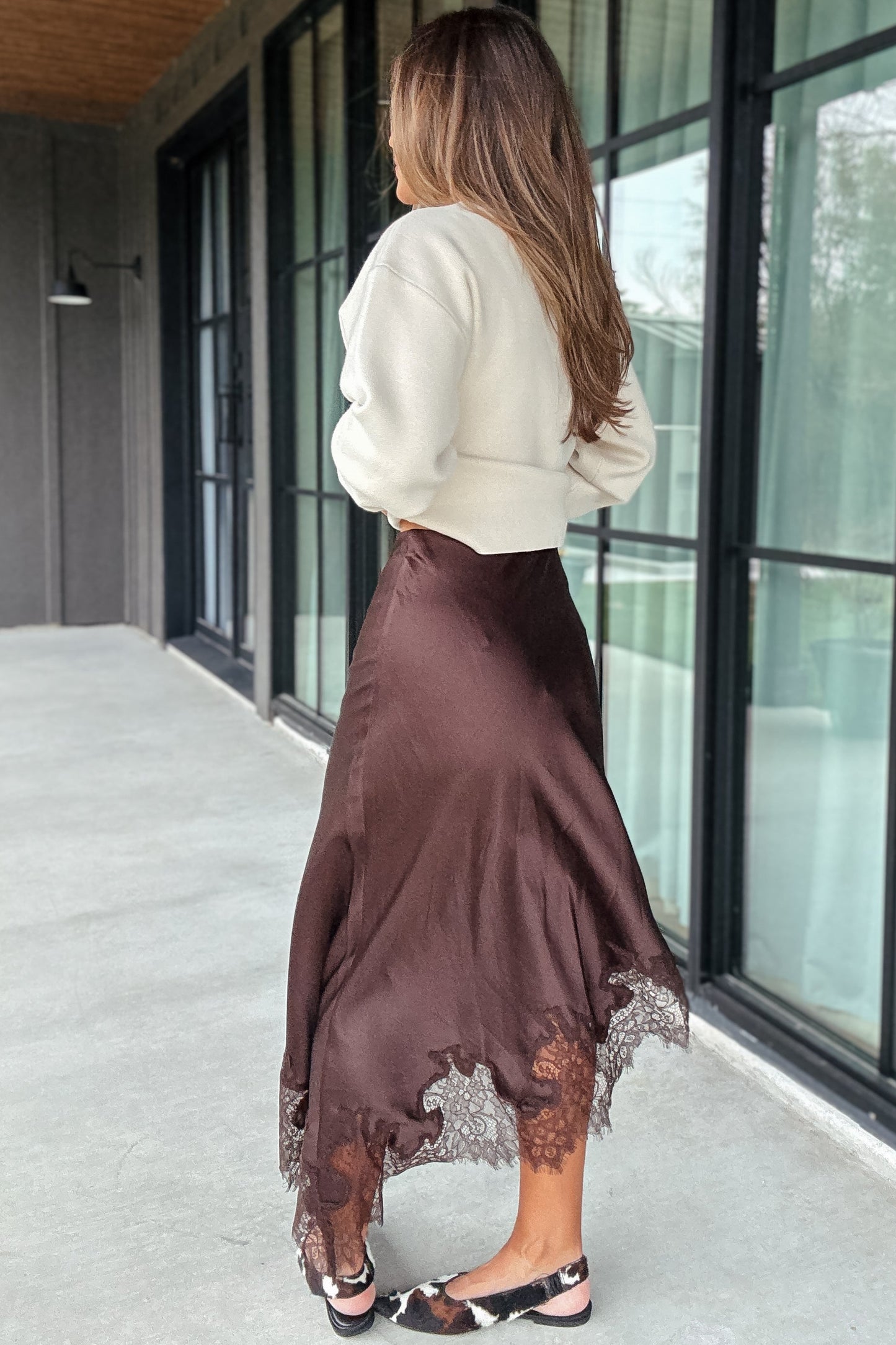 Tara Cream Lace Asymmetrical Skirt | Brown