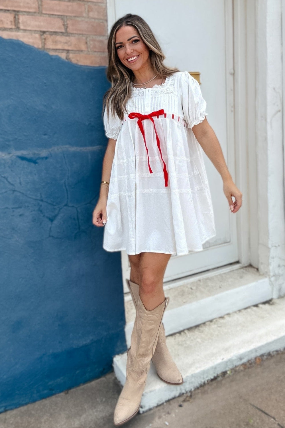 Katie Red Ribbon White Babydoll Dress Katie Red Ribbon White Babydoll Dress