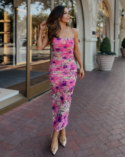 Summer Floral Ruched Mesh Bodycon Dress