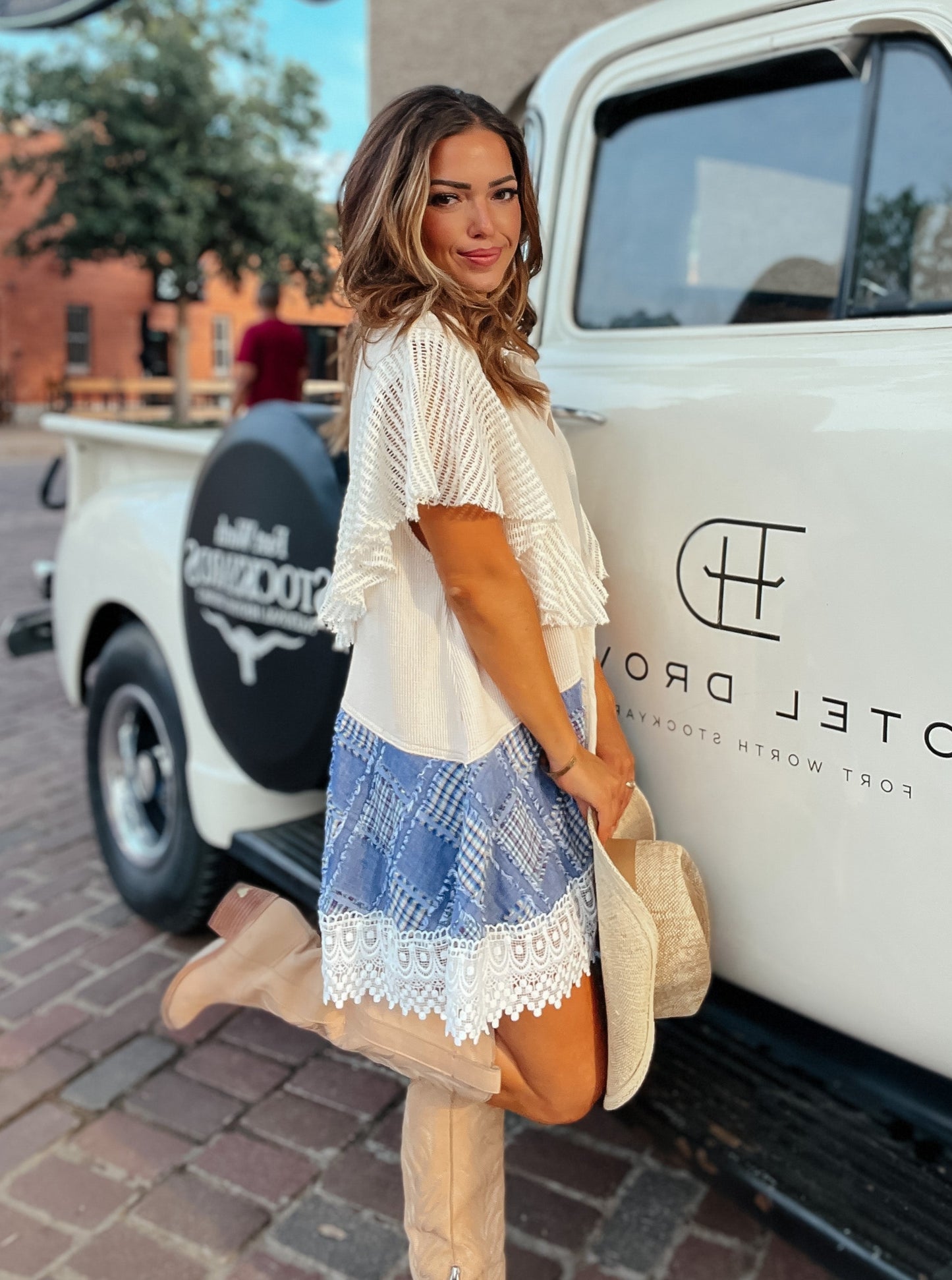 Pretty Heart Patchwork Ivory and Denim Button Down Dress