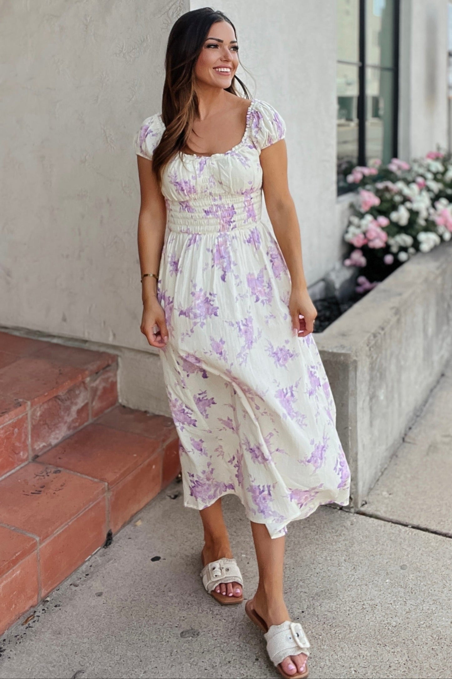Sophie Lavender and Cream Floral Gauze Midi Dress