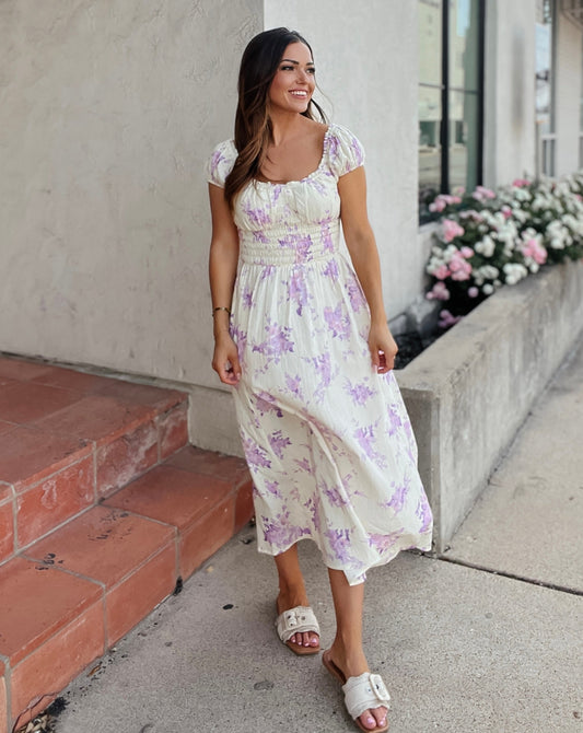 Sophie Lavender and Cream Floral Gauze Midi Dress