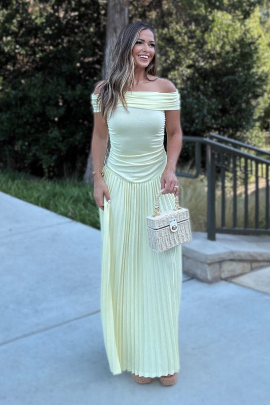 Golden Hour Maxi – Butter Yellow Drop Waist Pleated Dress