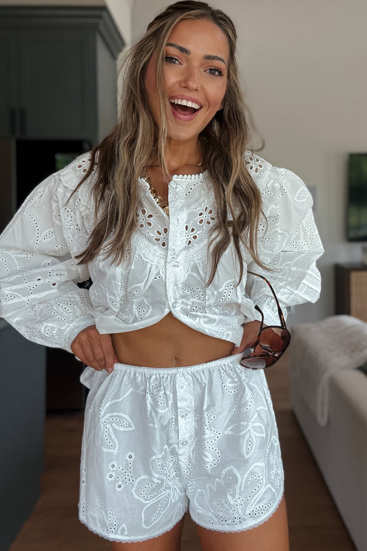 Sienna White Eyelet Elastic Waist Shorts