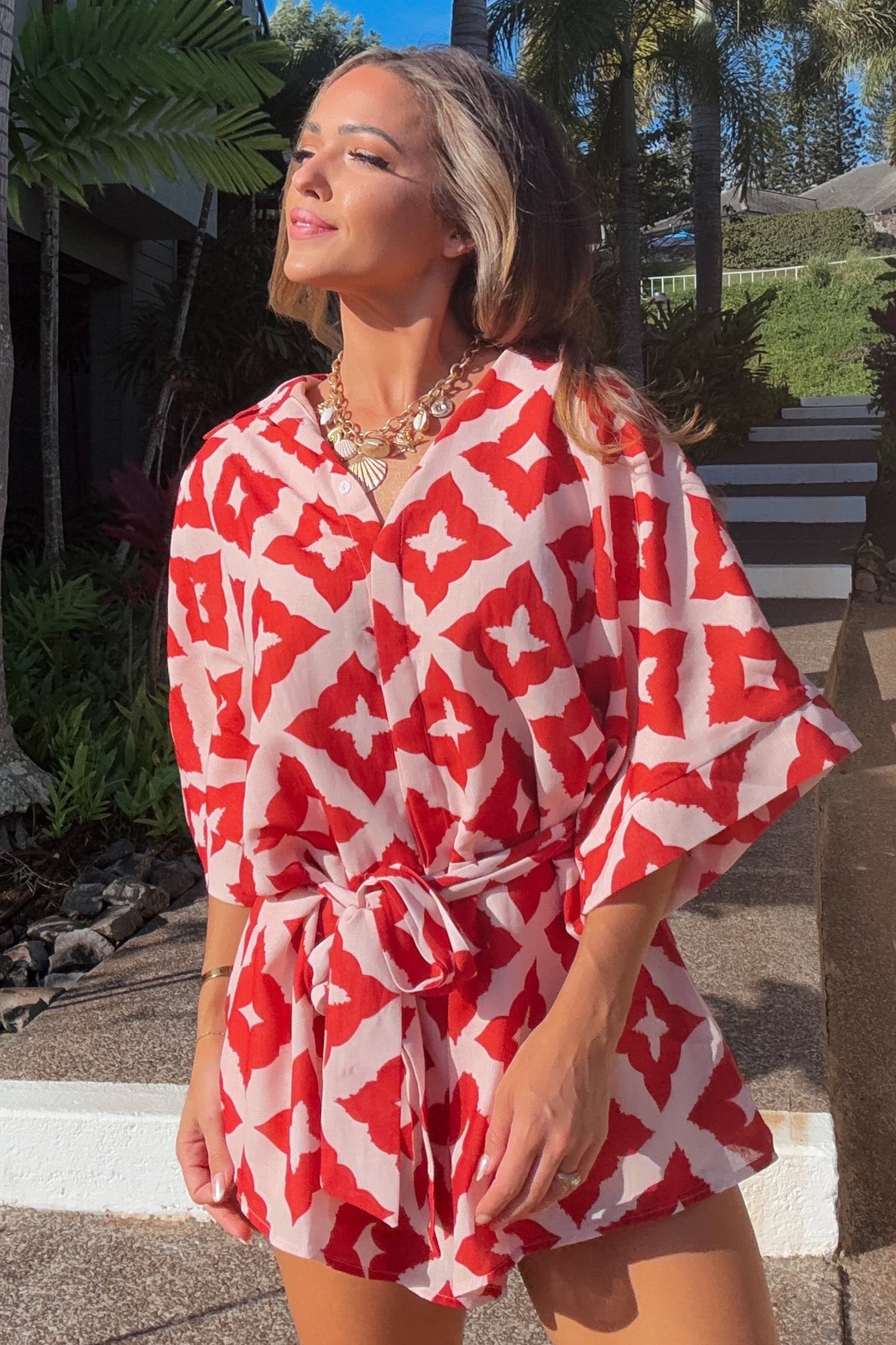Mai Tai Time Red and Pink Printed Romper