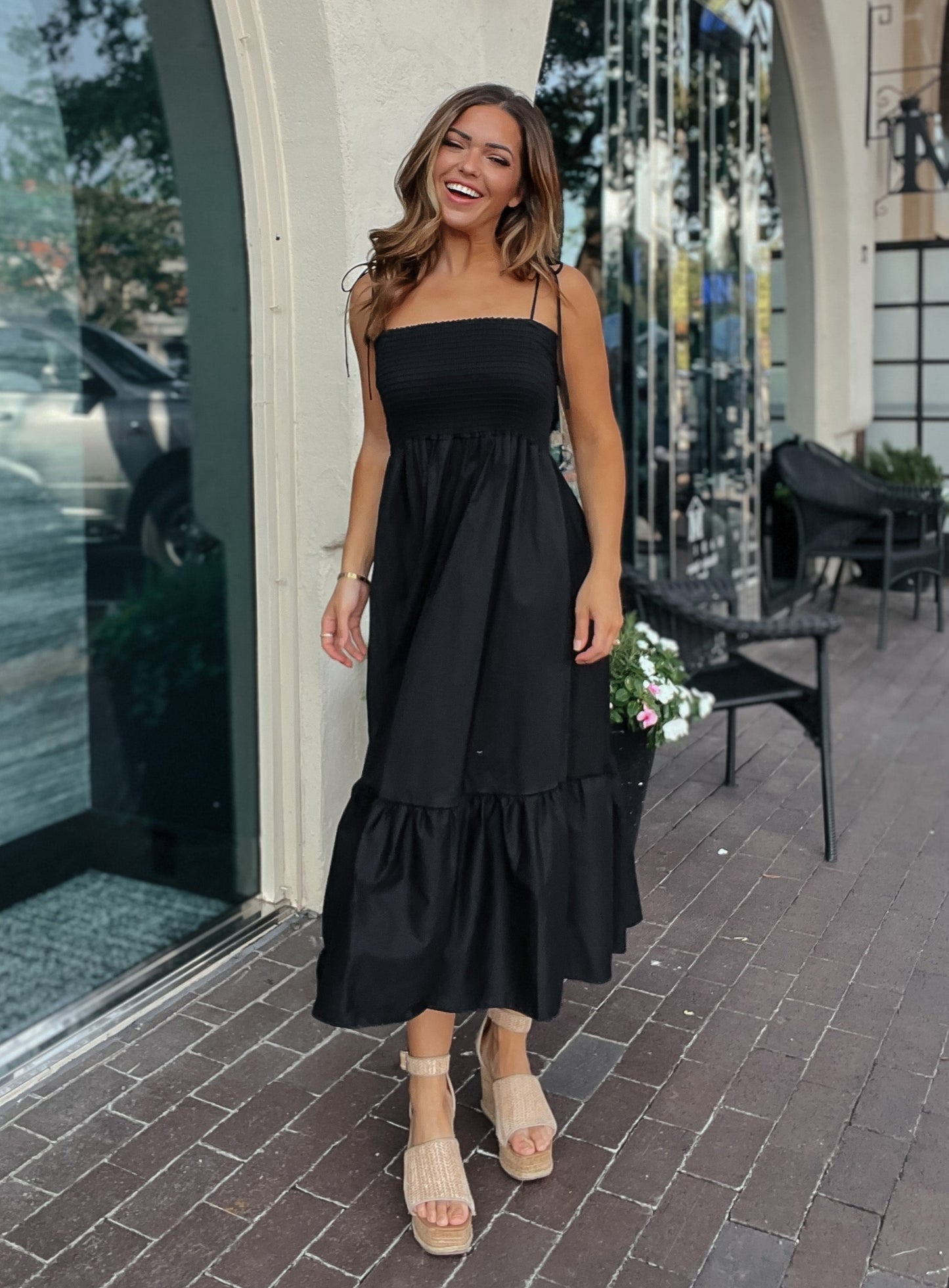 Blakely Black Smocked Midi Dress