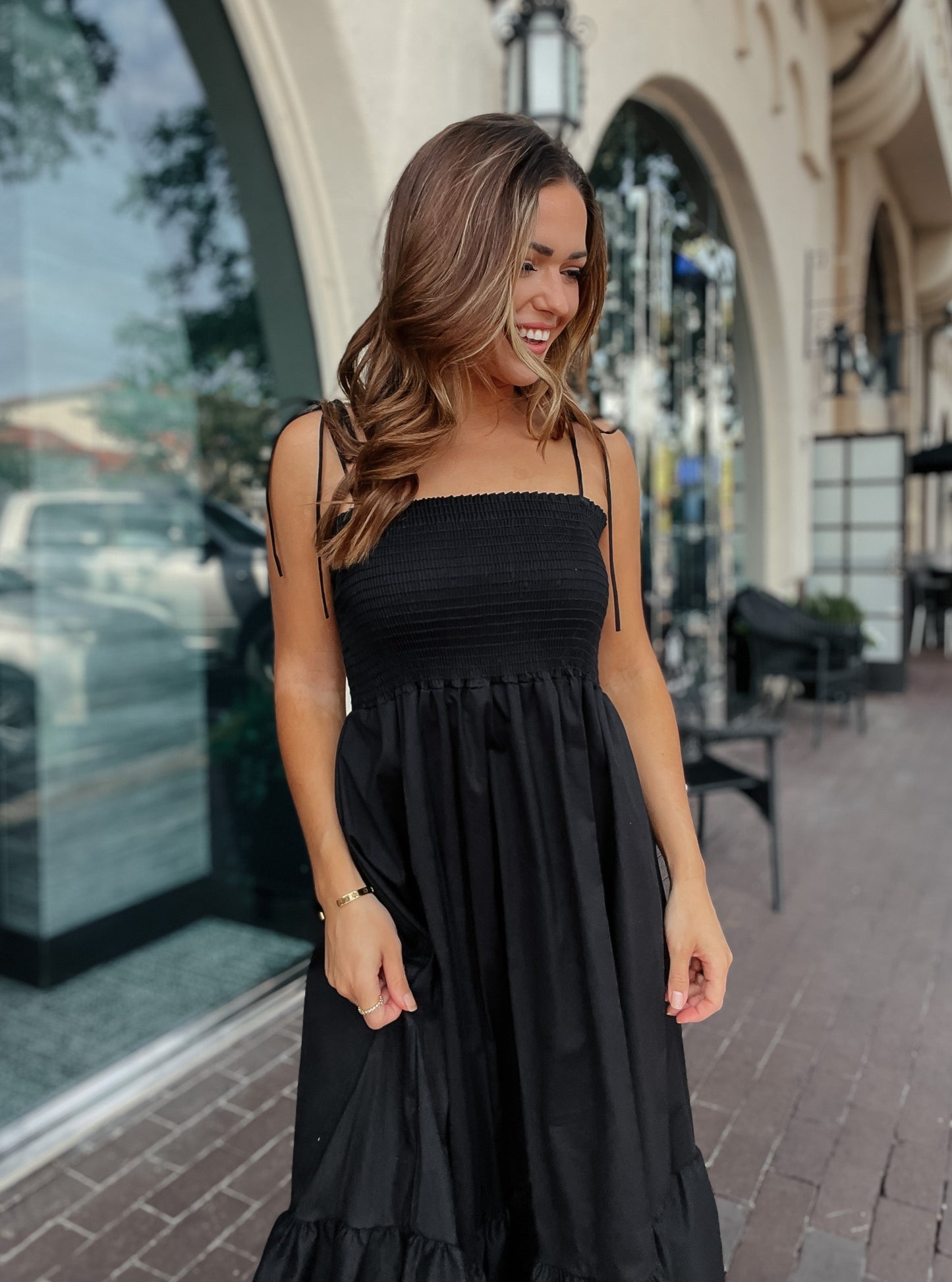 Blakely Black Smocked Midi Dress