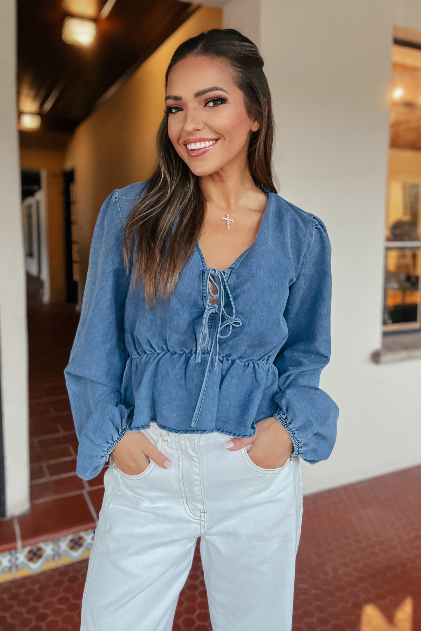 Jessica Denin Peplum Bow Tie Long Sleeve Top