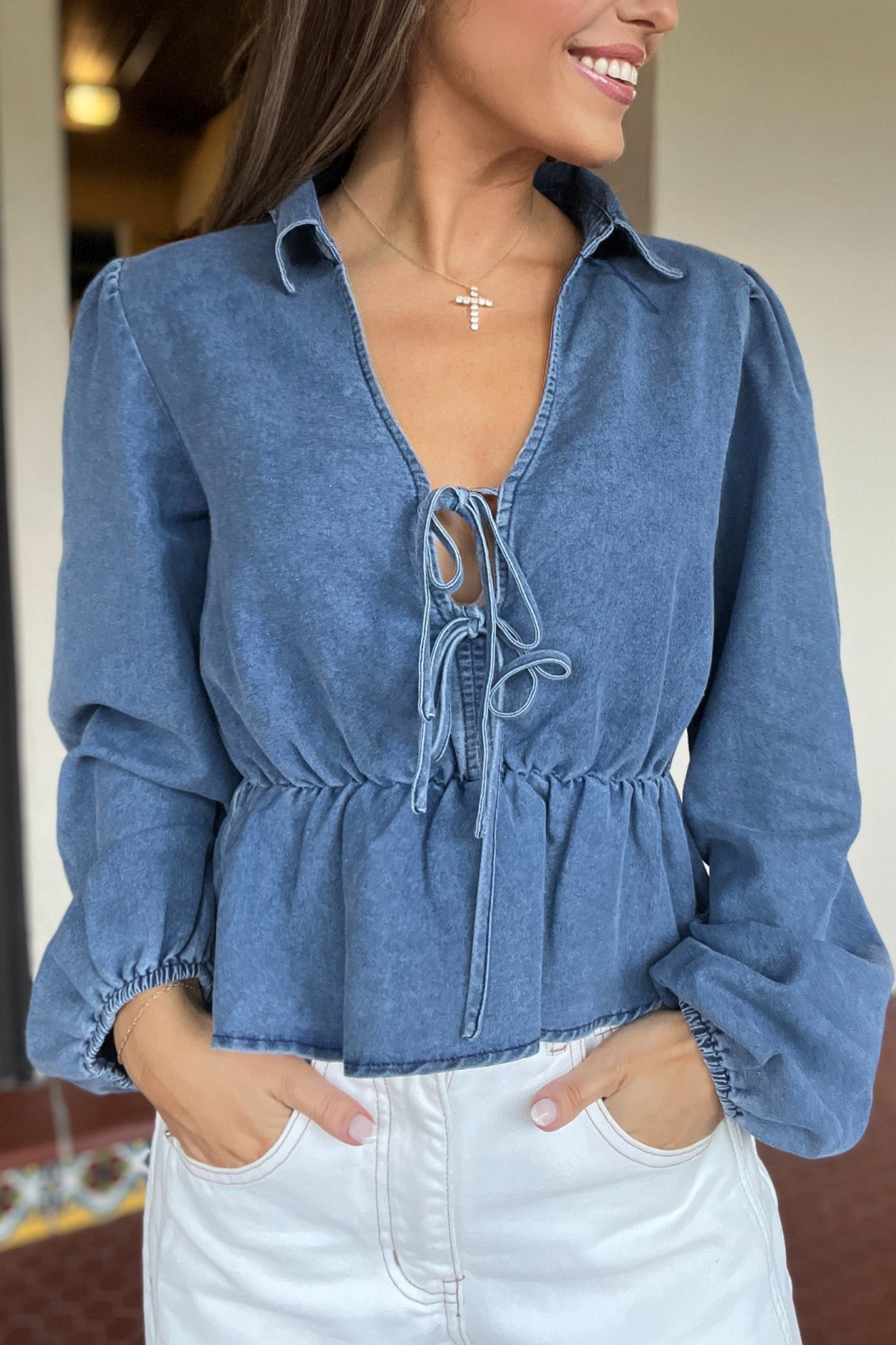 Jessica Denin Peplum Bow Tie Long Sleeve Top