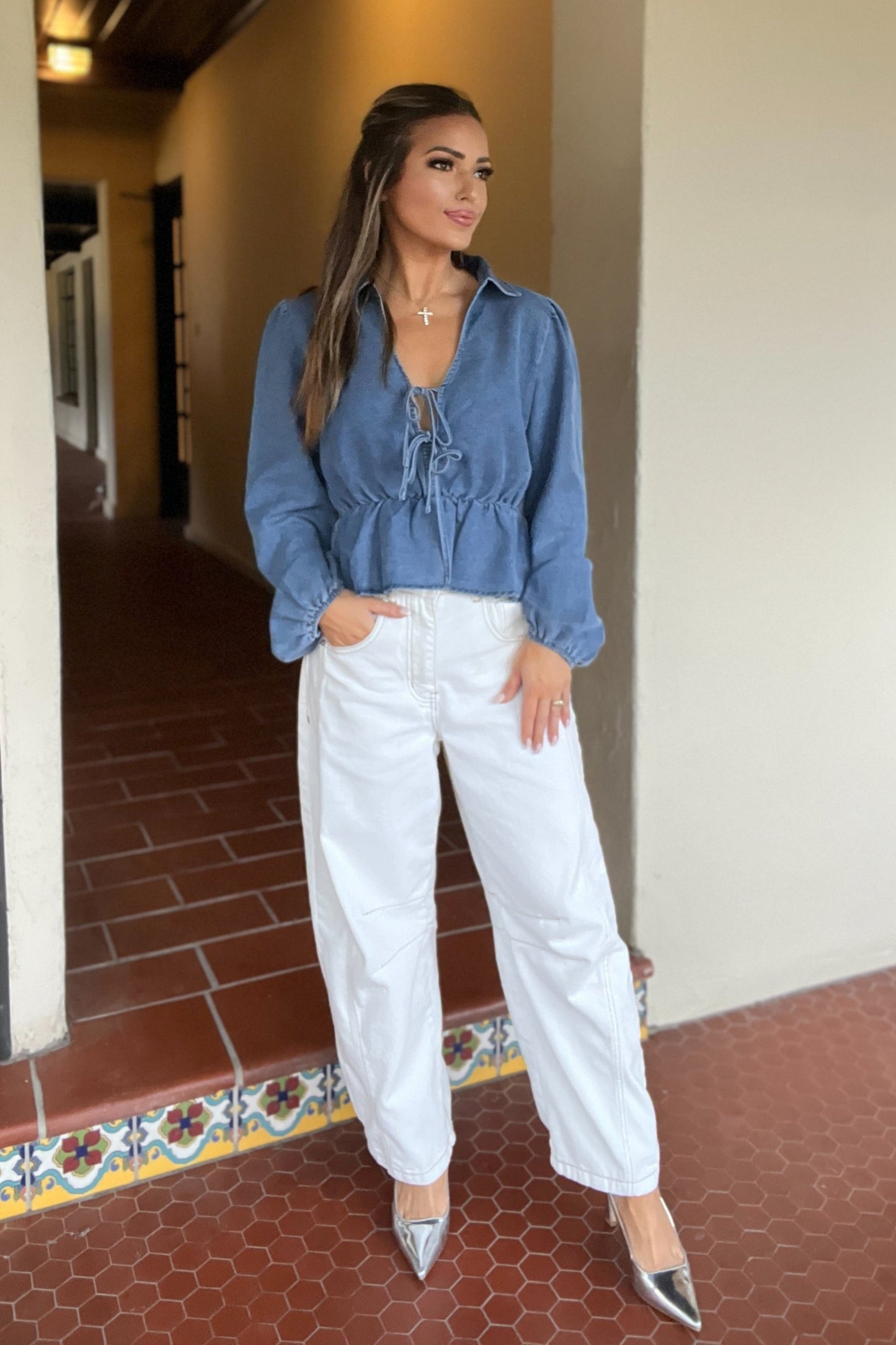 Jessica Denin Peplum Bow Tie Long Sleeve Top