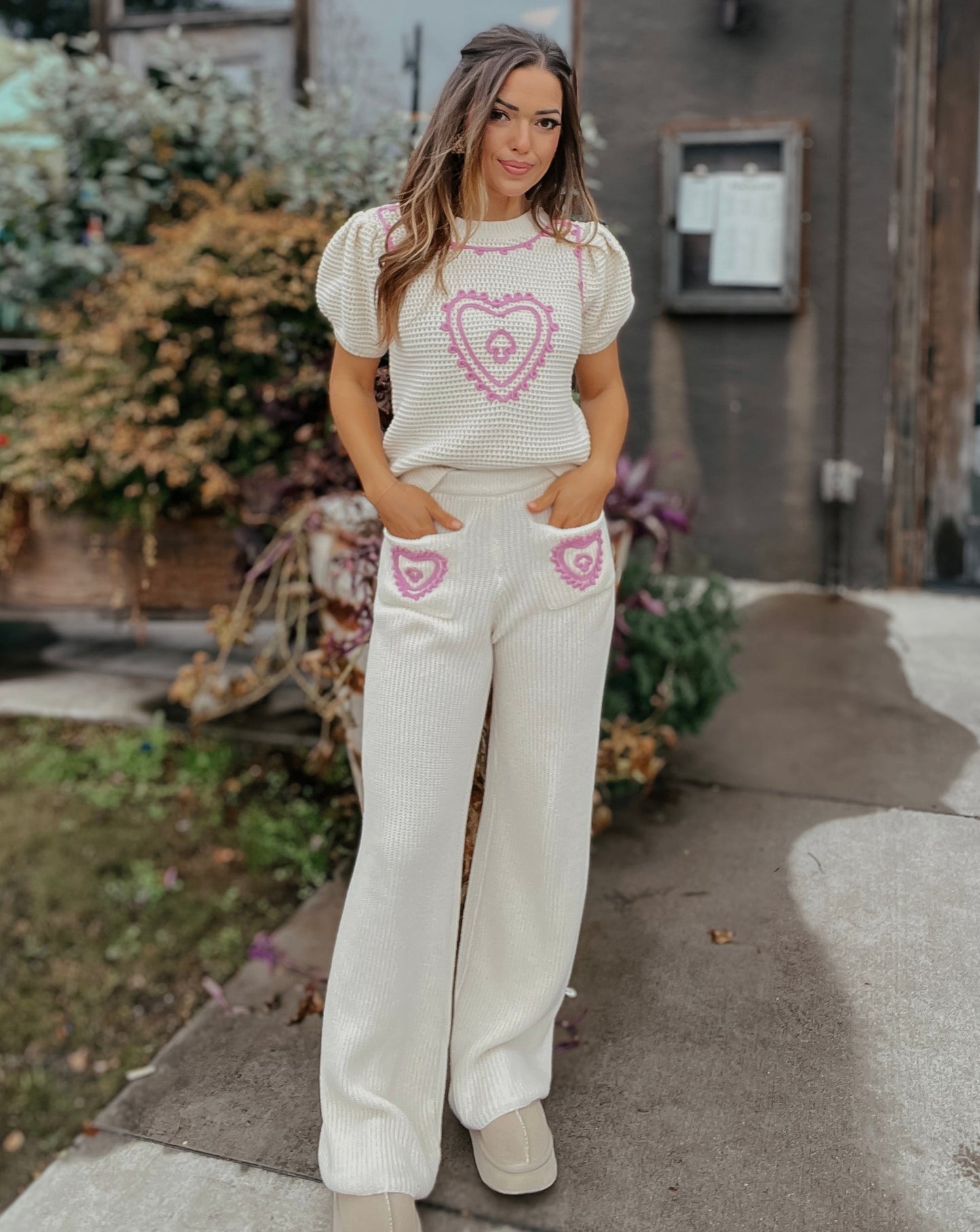 Casey Embroidery Heart Knit Puff Sleeve Sweater Top