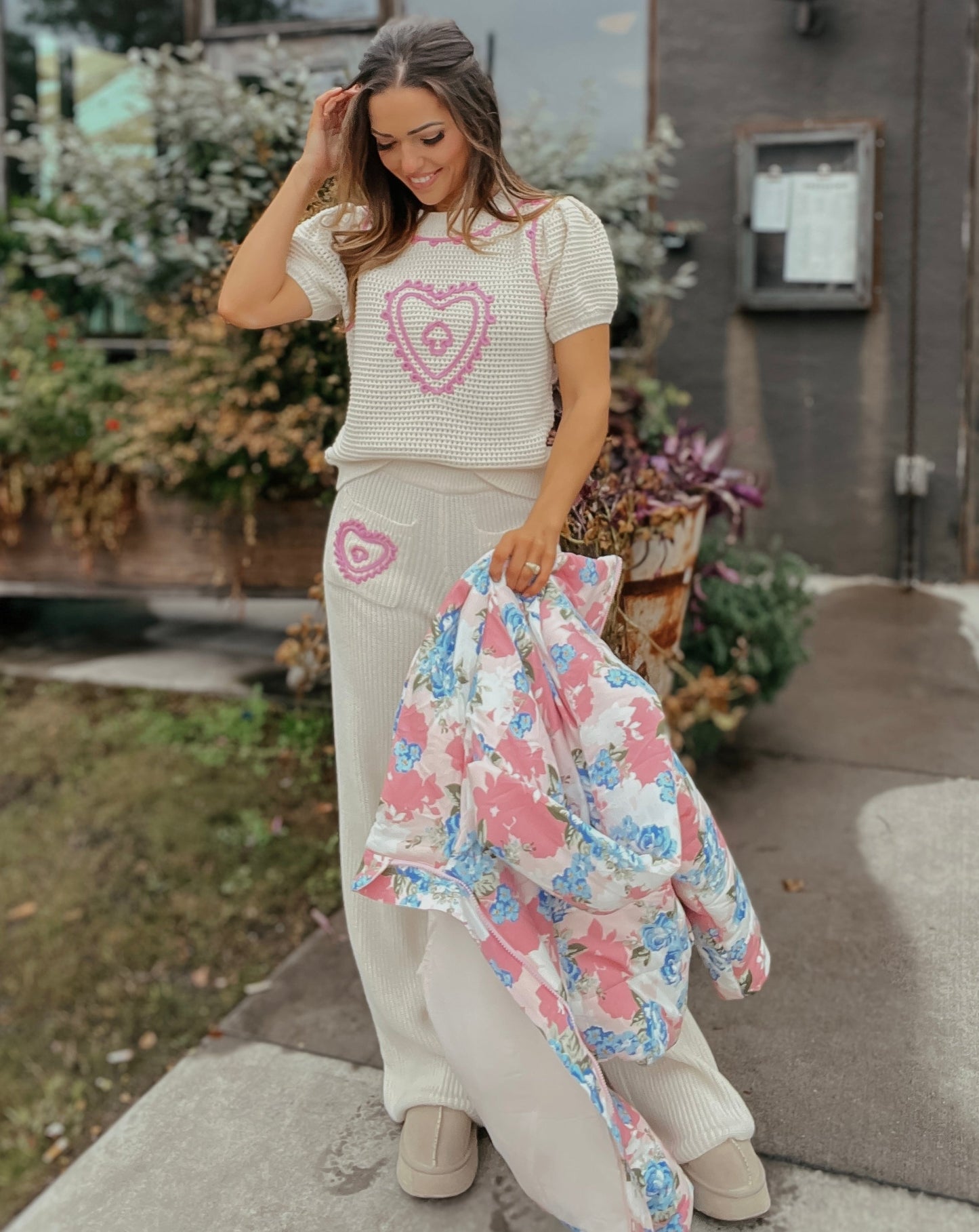 Casey Embroidery Heart Knit Puff Sleeve Sweater Top