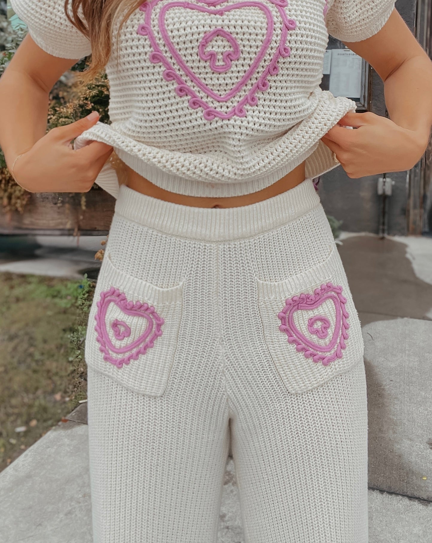 Cara Embroidery Knit Sweater Wide Leg Pants