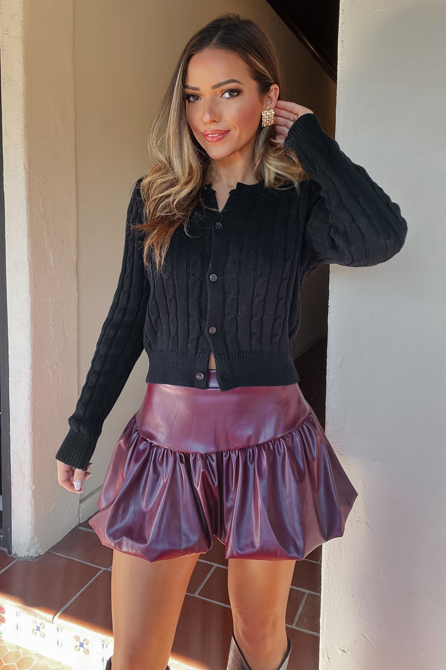 Honey Maroon Faux Leather Bubble Skirt