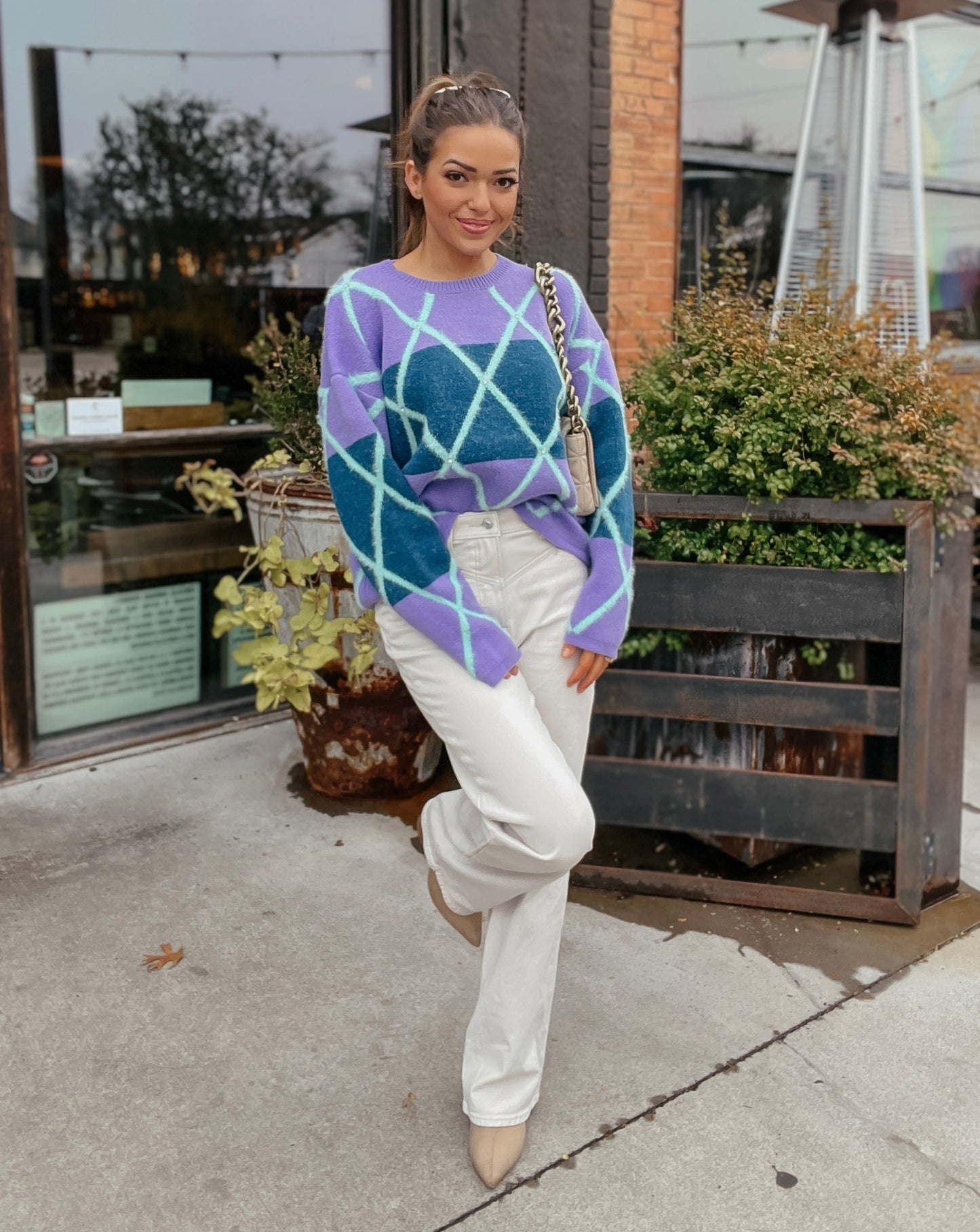 Morgan Purple and Navy Diamond Knit Sweater
