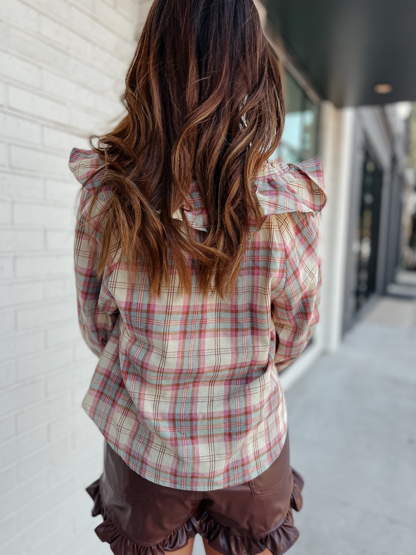 Casey Pink Check Ruffle Crop Plaid Top