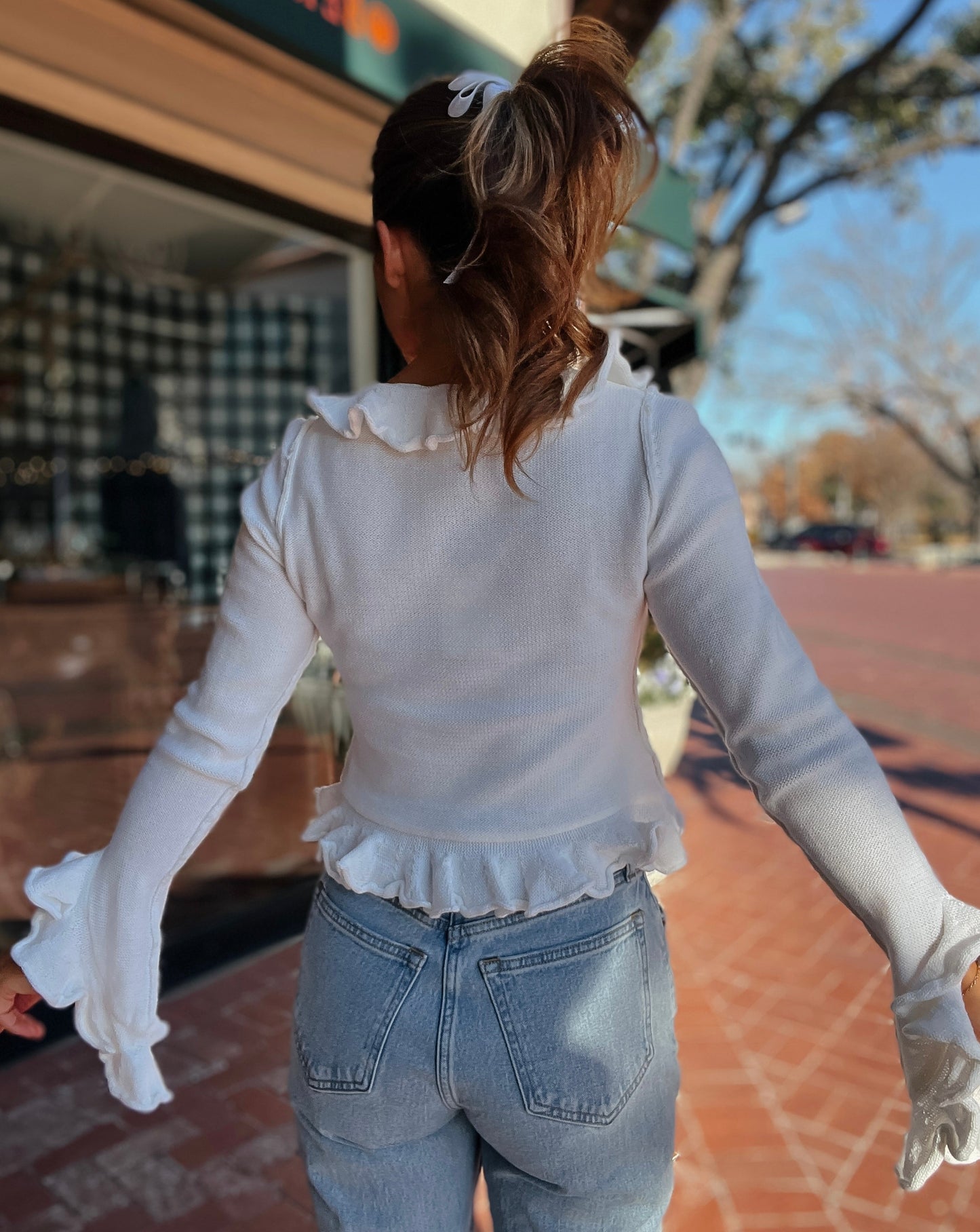 Ryland White Ruffle Cardigan Sweater