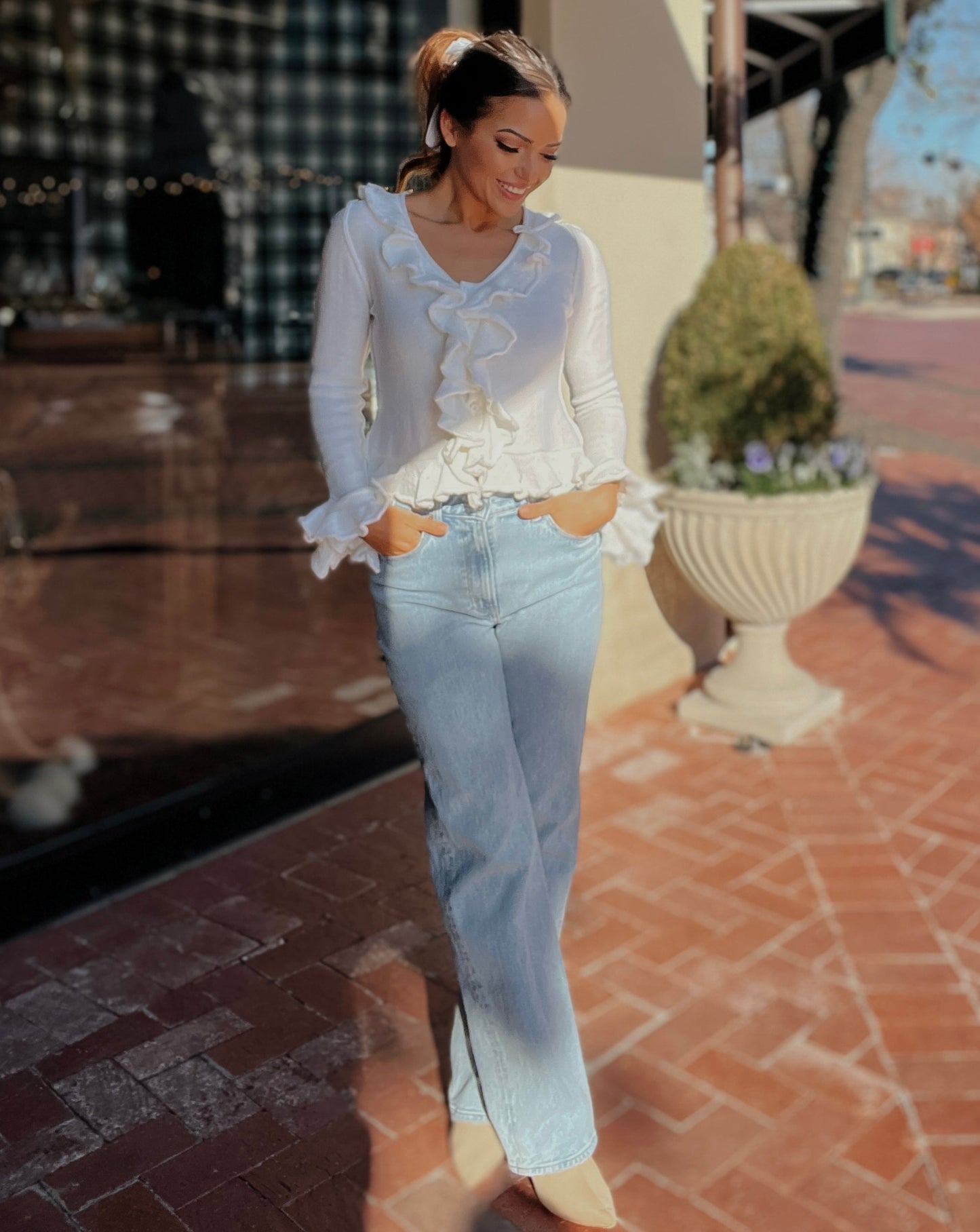 Ryland White Ruffle Cardigan Sweater